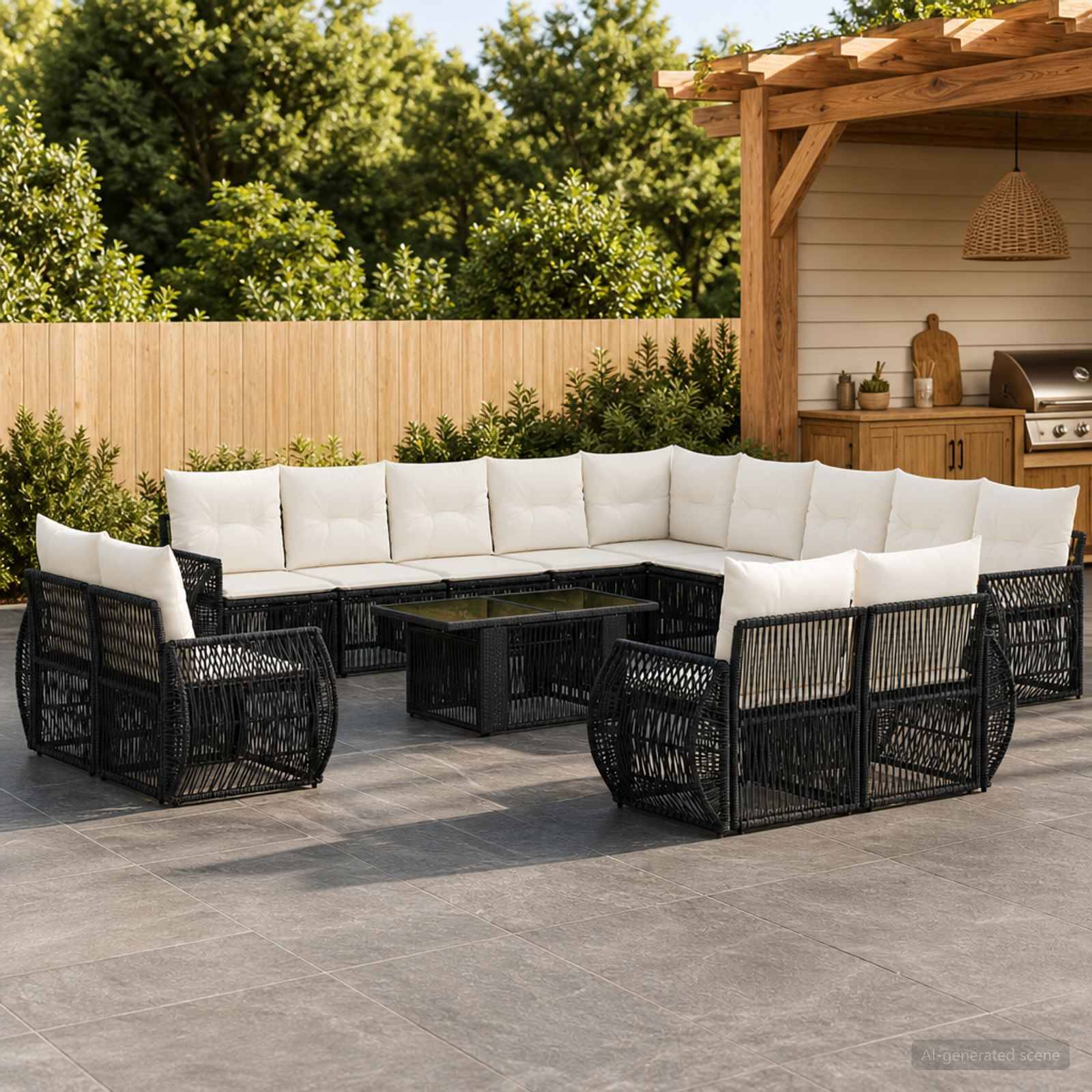 Outdoor-Terrassenmöbel-Set mit schwarzen Rattan-Ecksofa und weißen Kissen, die um einen Glastisch angeordnet sind, neben einer Holzpergola und einem integrierten Grillbereich.
