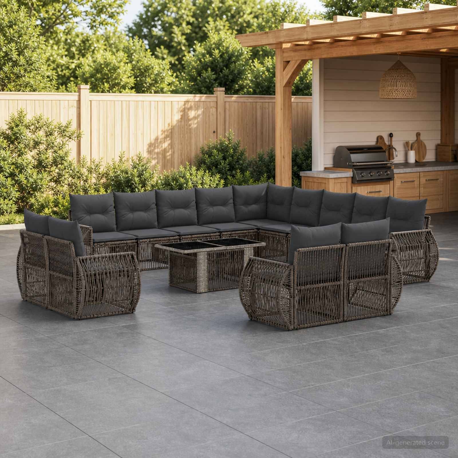 Terrasse im Freien mit großer dunkelbrauner Rattan-Eckgarnitur und Glascouchtisch neben einem Gartengrill und einer pergolaberdachten Bartheke.