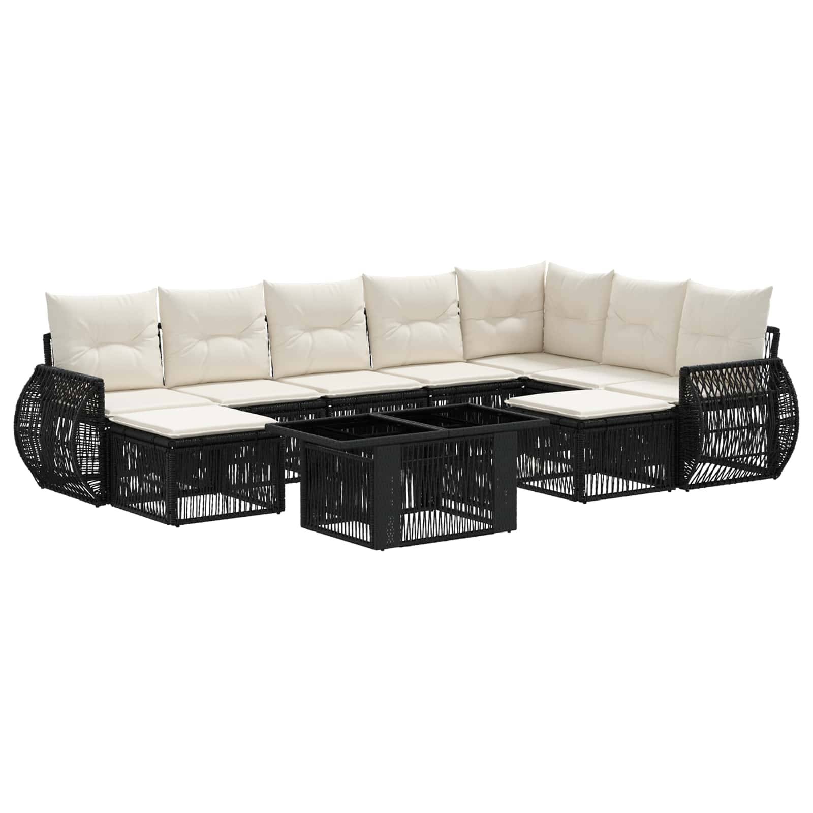 Schwarzes Rattan-L-förmiges Outdoor-Ecksofa mit beigen Kissen und integriertem mittigen Couchtisch auf weißem Hintergrund.