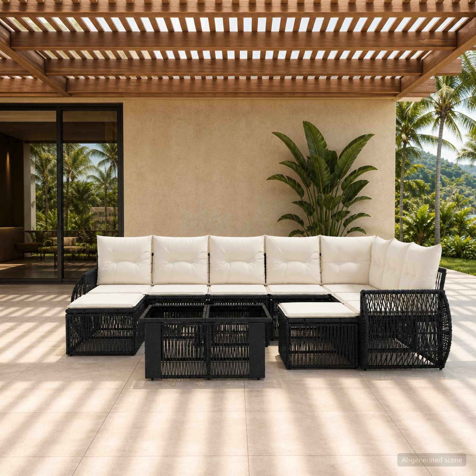 Modische Außenterrasse mit einem schwarzen Rattansektional und weißen Kissen unter einer lammellierten Pergola, neben Glasschiebetüren und tropischen Pflanzen.