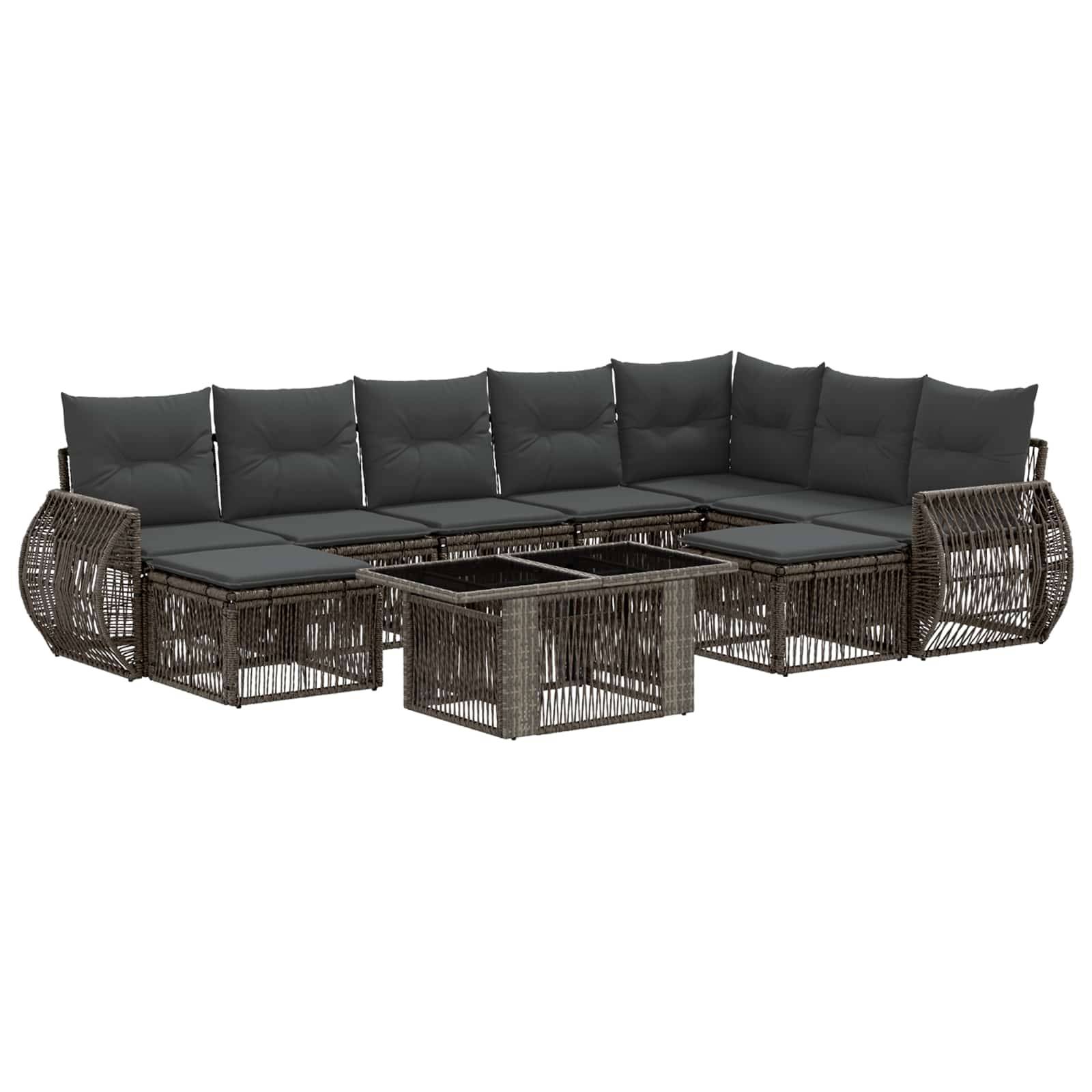 Dunkles Gartensektionalsofa aus Rattan mit grauen Polstern und passendem Couchtisch mit Glastischplatte, auf weißem Hintergrund abgebildet.