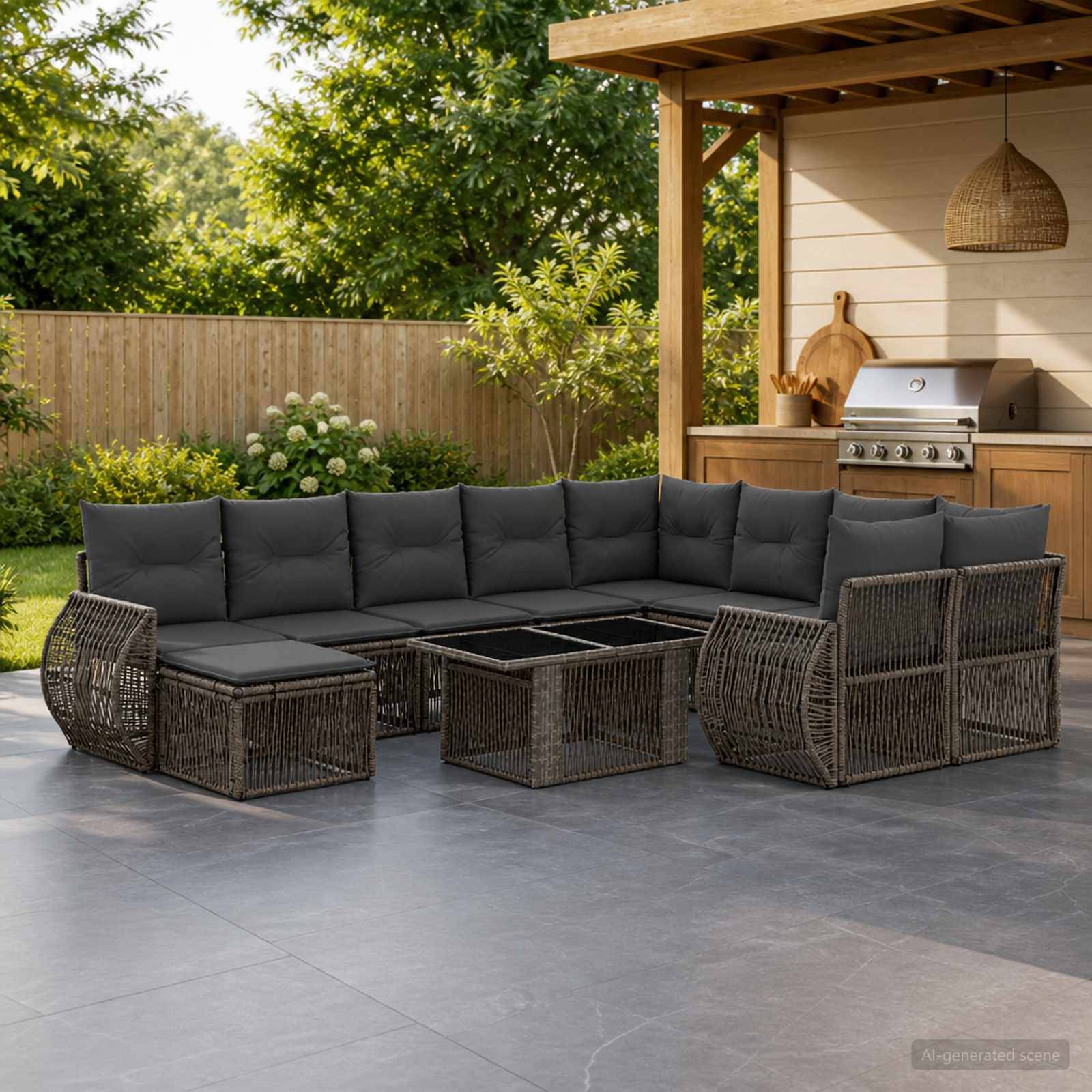 Außenbereich einer Terrasse mit einem dunklen Korbgeflecht-Loungeset, passenden Couchtischen und einem eingebauten Grill unter einer Holzpergola in einem gestalteten Hinterhof.
