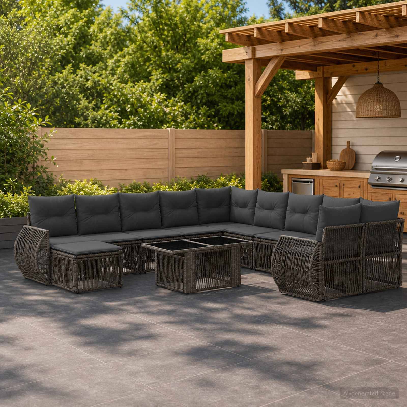 Überdachte Terrasse mit einem dunklen Rattan-L-förmigen Ecksofa und einem Feuerstelle-Tisch unter einer Holzpergola neben einem Grill und einem Schrank.