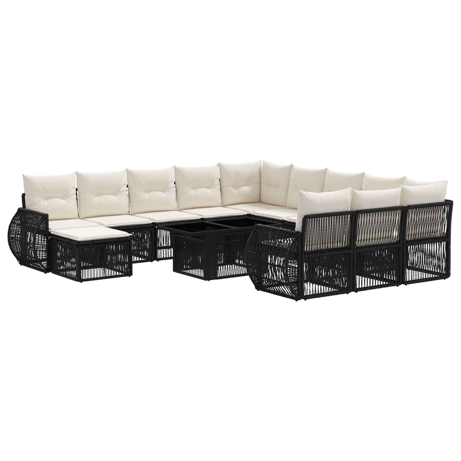 Weiß gepolsterte Outdoor-Ecksofa mit schwarzem Rattanstil-Rahmen und integrierten Ecktischen auf weißem Hintergrund.