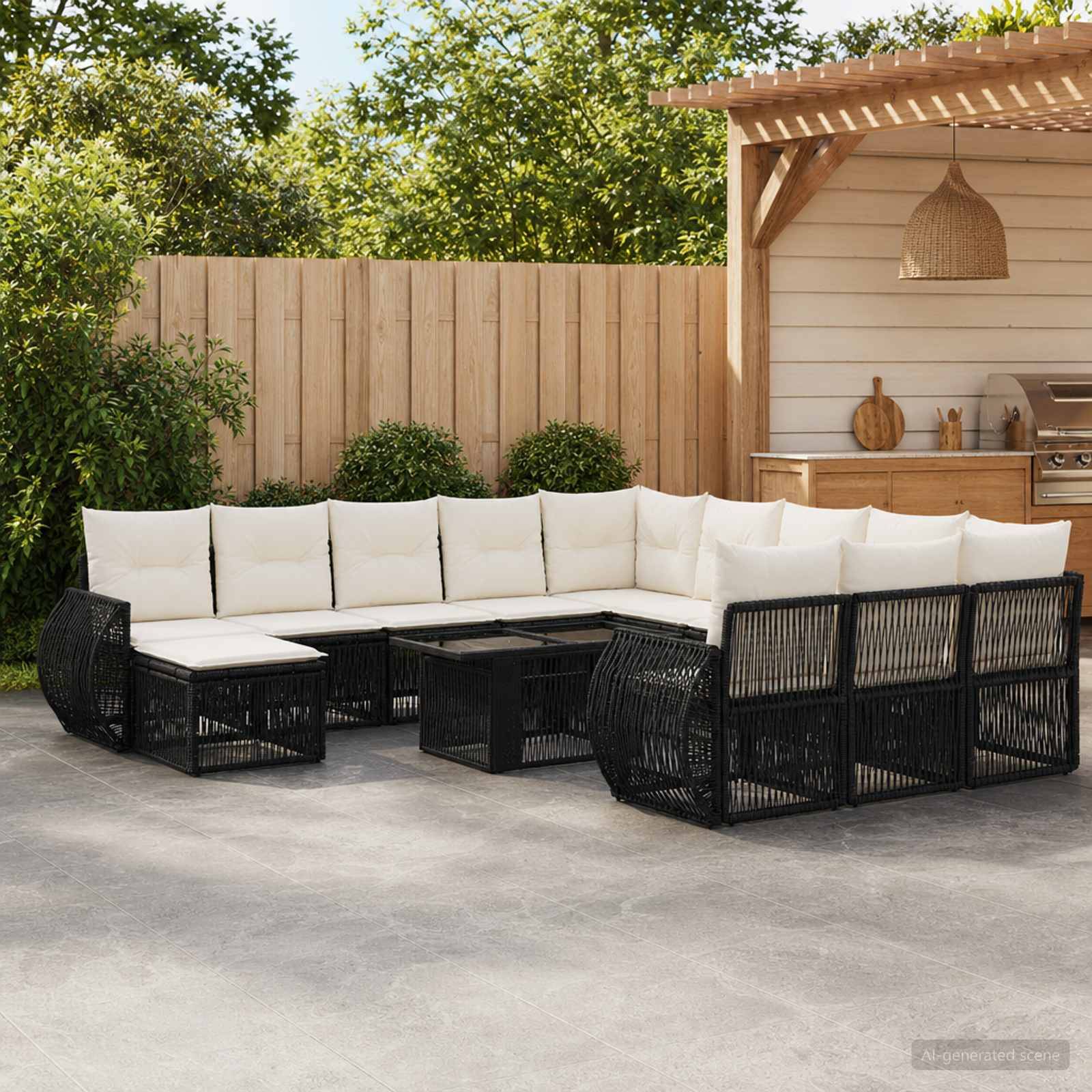 Terrasse im Freien mit L-förmigem schwarzem Rattansofa und weißen Kissen, angeordnet um einen niedrigen schwarzen Tisch neben einem Holzzaun und einem überdachten Bartisch.
