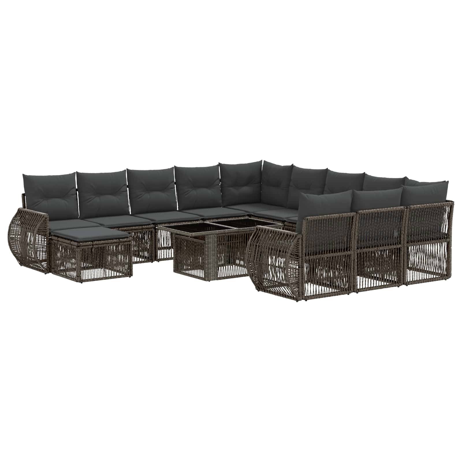 Braunes Rattan-Ecksofa für den Außenbereich mit dunkelgrauen Kissen und integrierten Beistelltischen auf weißem Hintergrund.