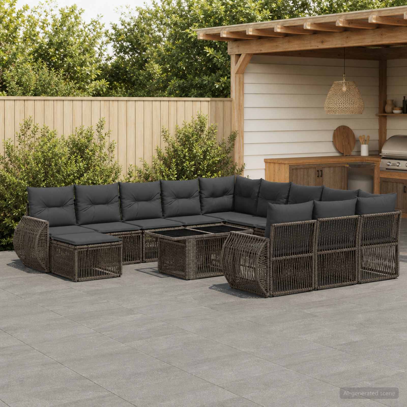 Outdoor-Lounge-Ecksofa-Set mit dunklen Kissen und geflochtenem Rattanrahmen, angeordnet um einen Couchtisch neben einem überdachten Theken- und Barbereich im Hof.