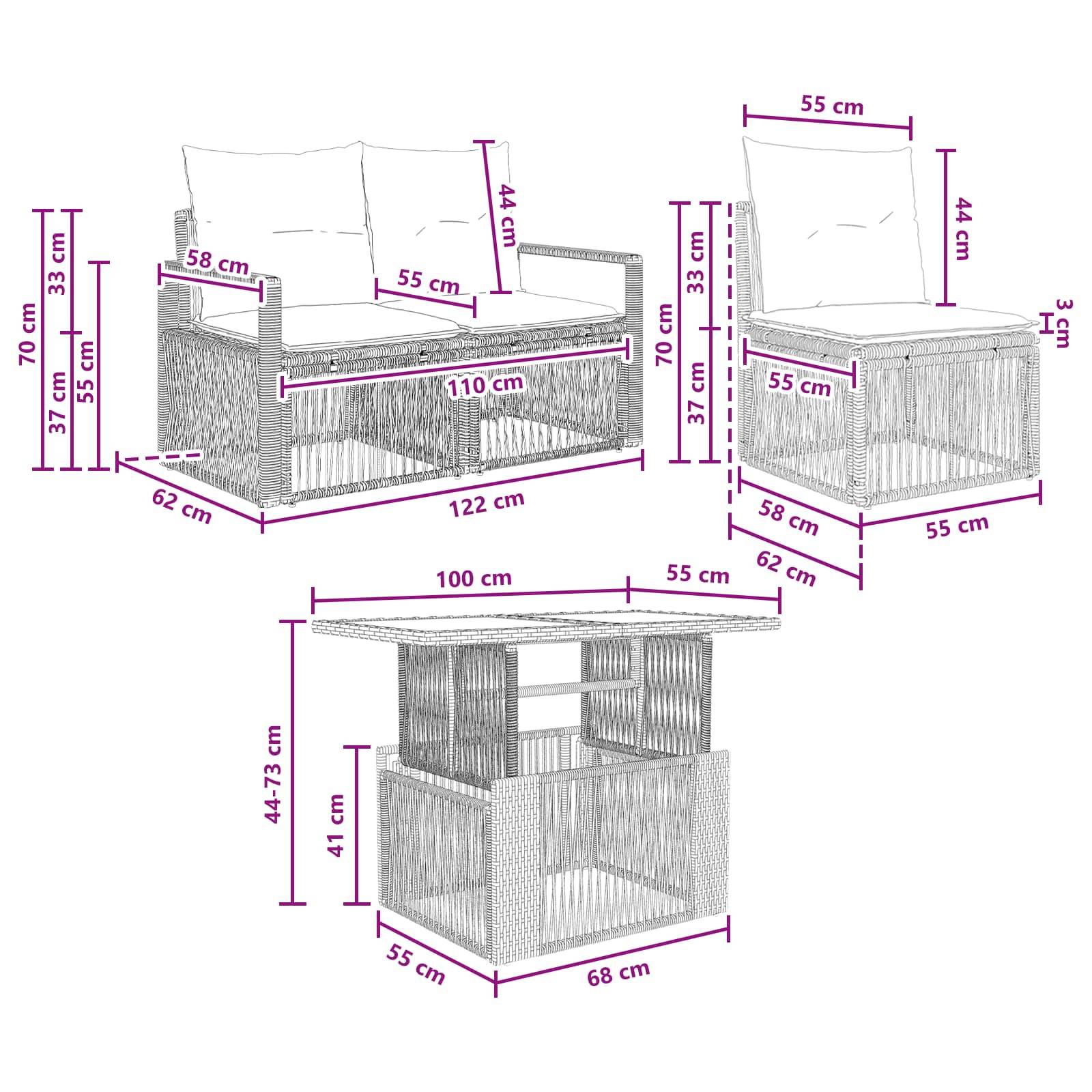 Produktdiagramm mit drei Ansichten von Korbmöbeln für den Außenbereich/Sofa mit Abmessungen in cm, einschließlich Breiten von 55-122 cm, Tiefen von 55-68 cm und Höhen von 41-70 cm.