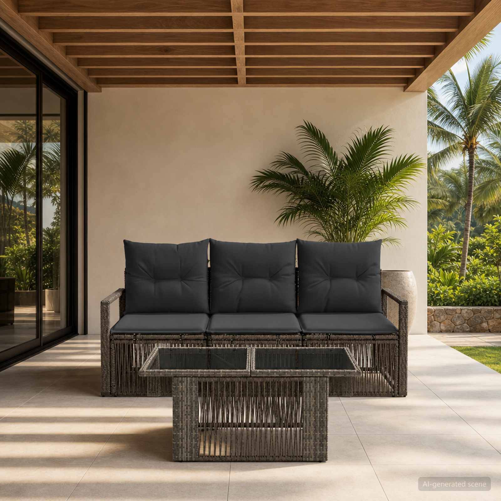 Outdoor-Terrasse mit Korbsofa und Couchtisch unter einer überdachten Decke, umrahmt von Tropenpflanzen und einer Glasschiebetür.