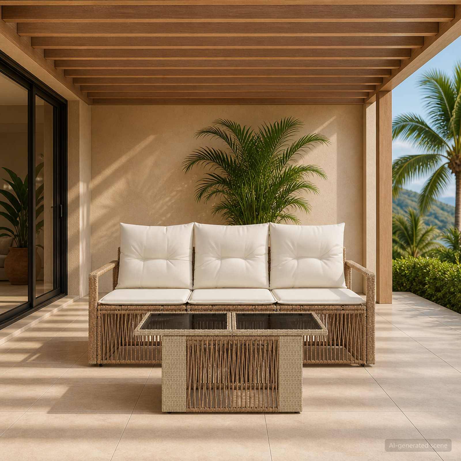Moderne überdachte Terrasse mit Korbsofa, weißen Kissen, Glascouchtisch und tropischen Pflanzen mit Blick auf Palmen und Hügel.