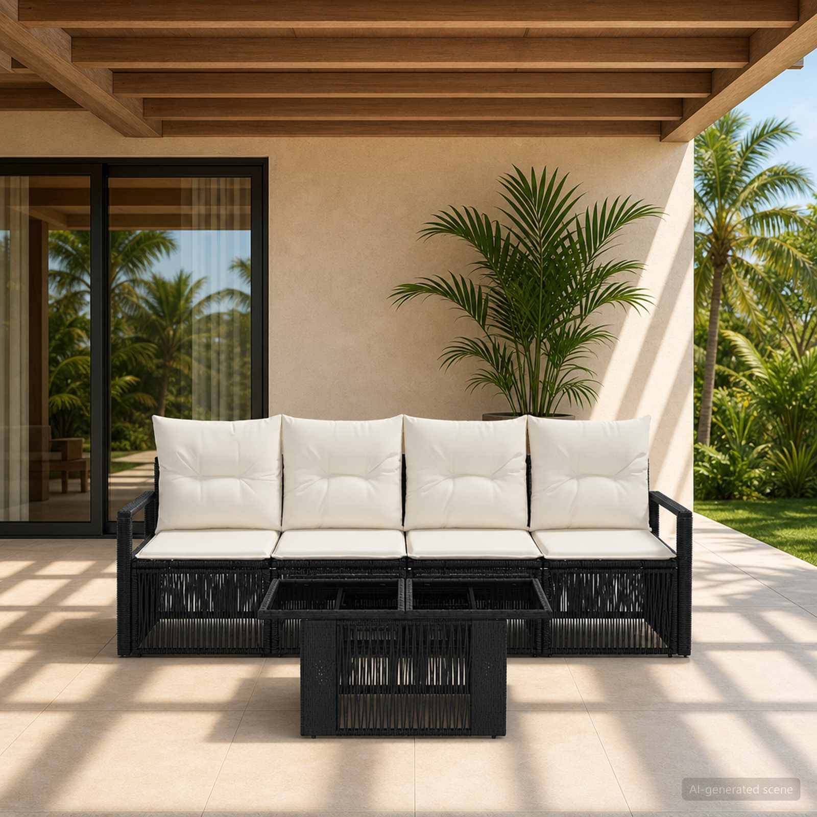 Schwarzes Außensofa mit weißen Kissen und einem passenden Couchtisch auf einer schattigen Terrasse, neben einer Glasschiebetür und tropischen Pflanzen.