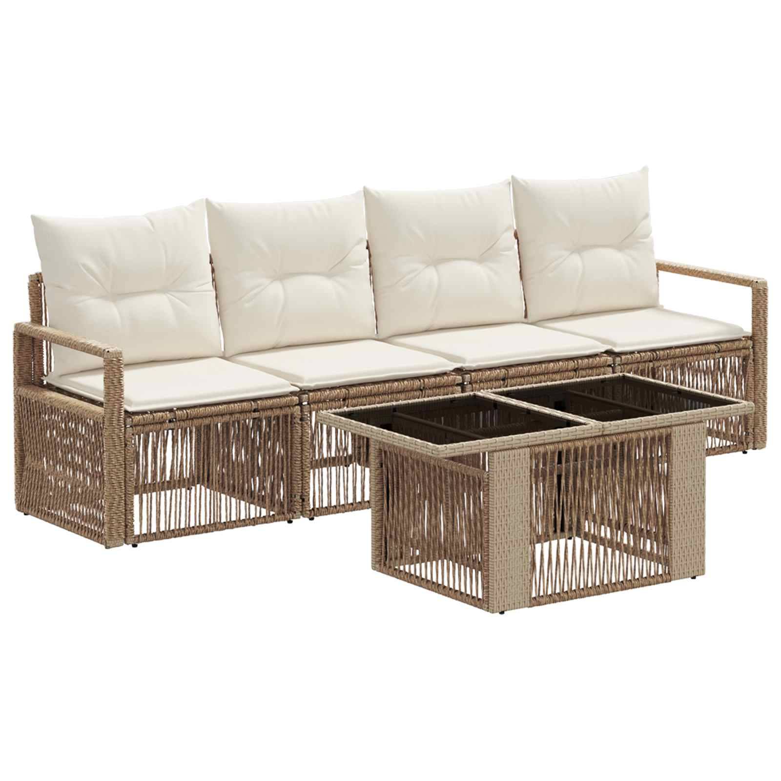 Beige Polyrattan-Gartensofagarnitur mit weißen Auflagen und passendem Couchtisch mit vier Staufächern