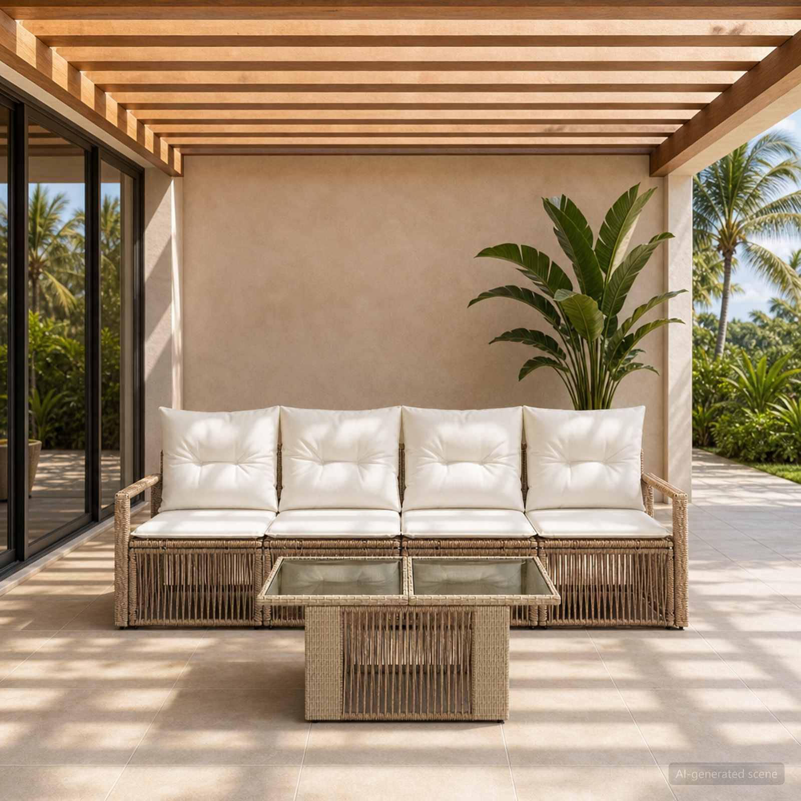 Überdachte Außenterrasse mit Korbsofa und weißen Kissen neben einem Glastisch, umrahmt von Pergola-Balken und tropischen Pflanzen.