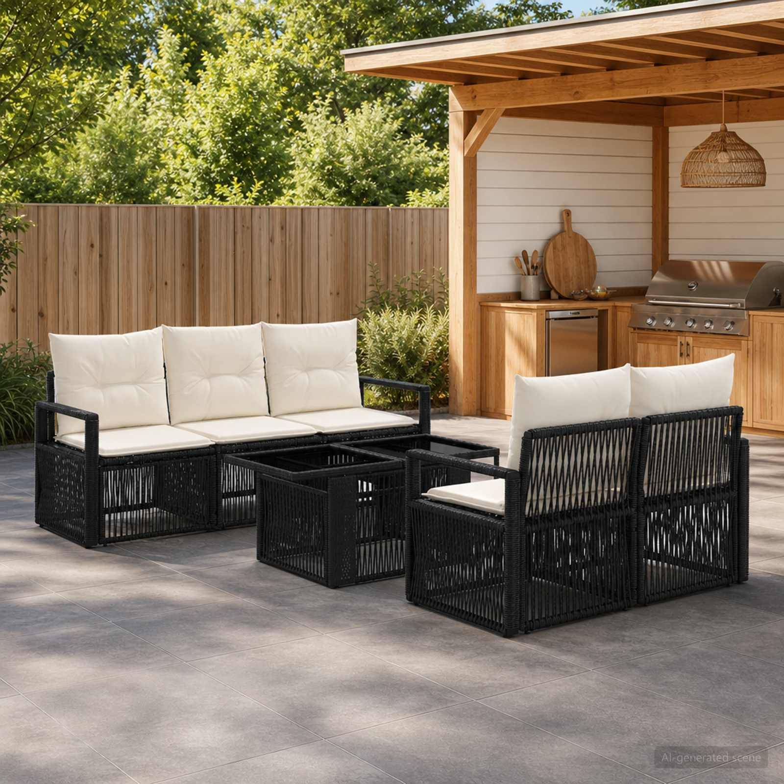 Outdoor-Sitzbereich auf der Terrasse mit schwarzem geflochtenem Sofa, Stühlen und Couchtisch neben einer hölzernen Außenküche oder einem Grillbereich im Garten.