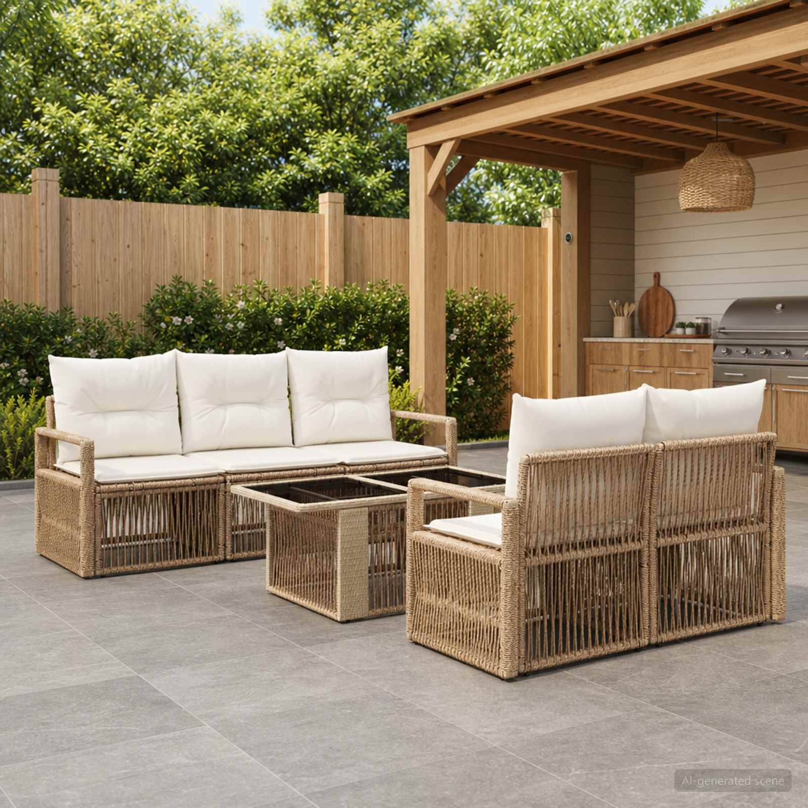 Outdoor-Terrassenbereich mit Rattansofa, zwei Stühlen und glasternem Couchtisch neben einer überdachten Grillstation in einem eingezäunten Hinterhof.