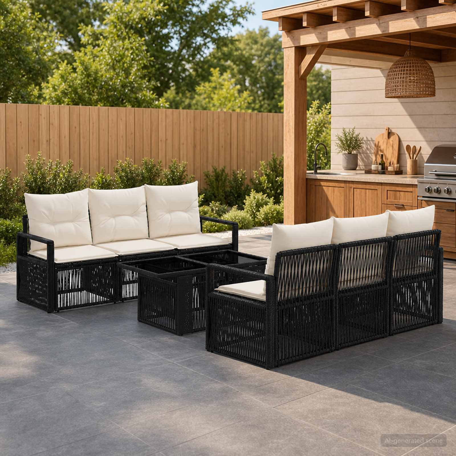 Outdoor-Sitzmöbel-Set mit zwei schwarzen Rattansofas, cremefarbenen Kissen und passendem Couchtisch neben einer Pergola im Hinterhof und Grillbereich.