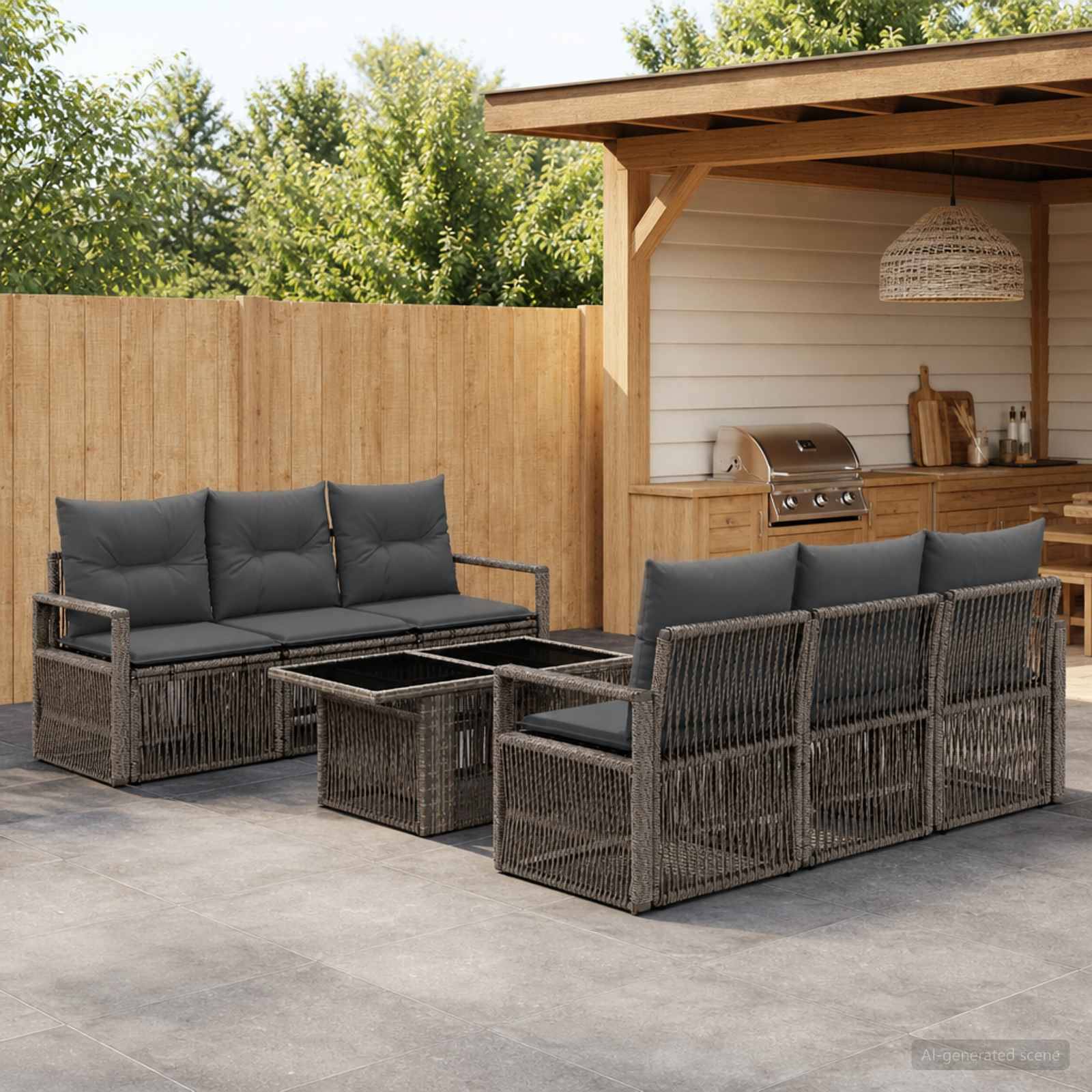 Outdoor-Sitzgarnitur für die Terrasse mit zwei Korbsofas, Couchtischen und dunklen Kissen neben einer Gartenbar und einem Holzzaun.