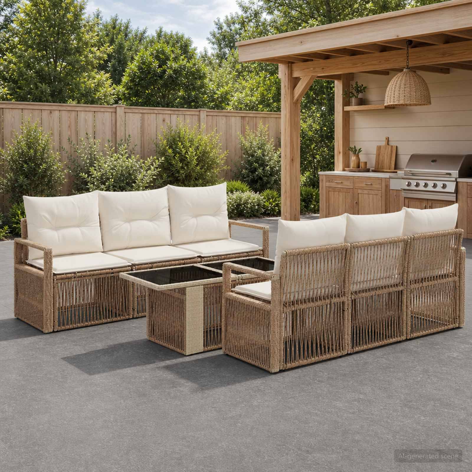 Outdoor-Sitzgarnitur auf der Terrasse mit geflochtenen Rattansofas, Kissen und einem Couchtisch neben einem überdachten Grillbereich im Garten.