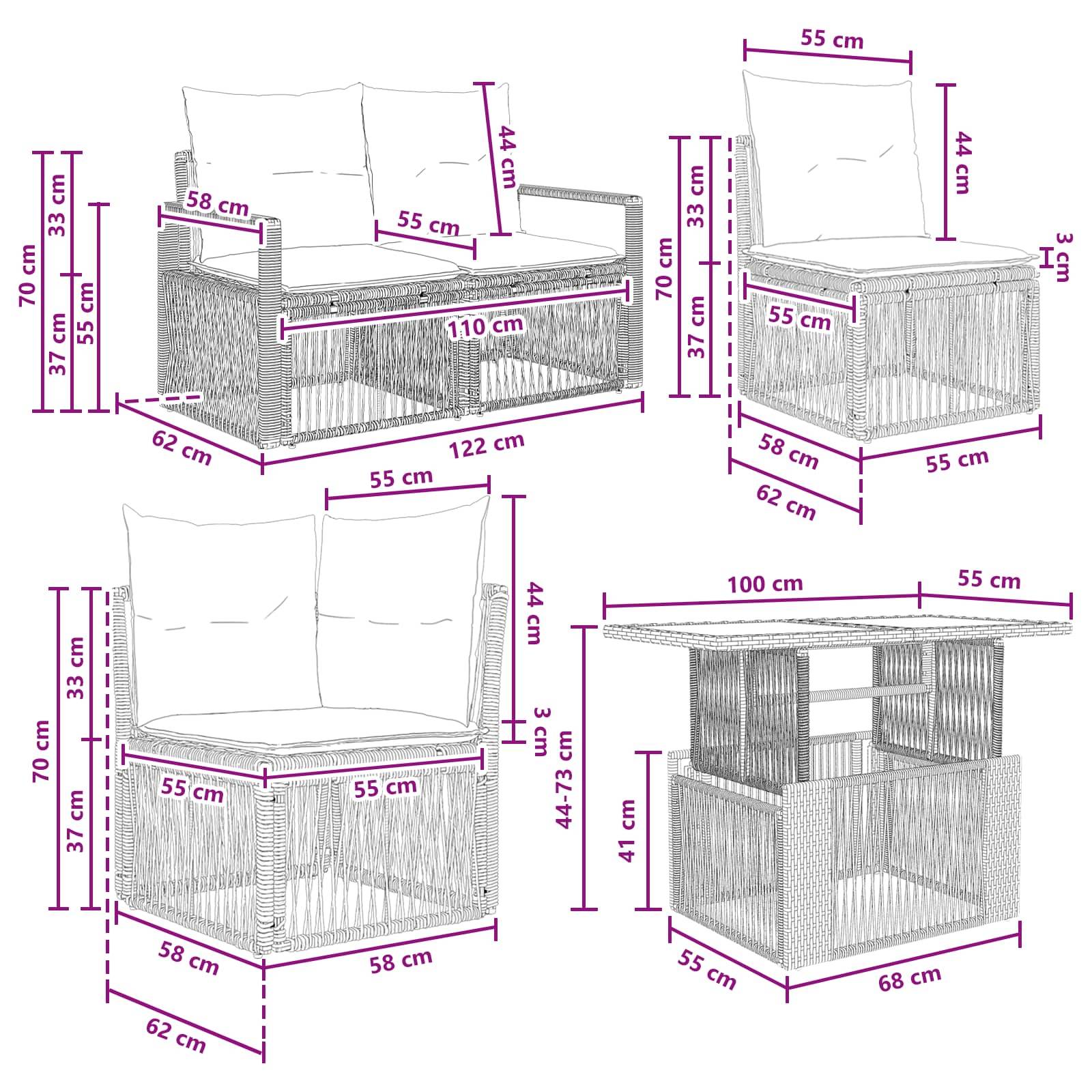 Maßstabgetreue Zeichnung eines Korbmöbels für den Außenbereich/Sofa und passender Tisch mit mehreren Ansichten und Maßen in Zentimetern.