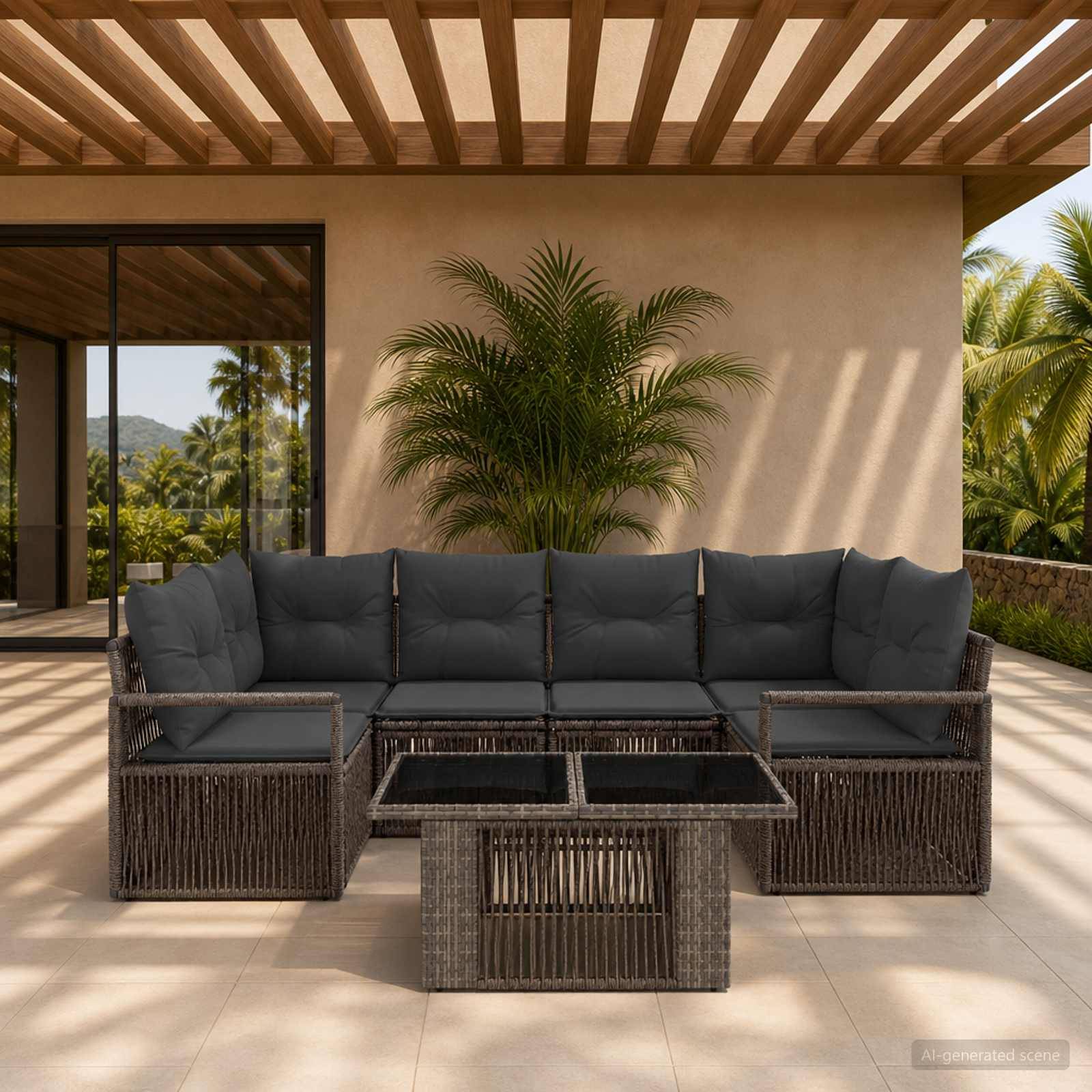 Außenbereich mit einer Terrassensitzgruppe, bestehend aus einem dunklen Rattan-Ecksofa und passendem Couchtisch unter einer Pergola, neben einer großen Kübelpflanze mit Palme.