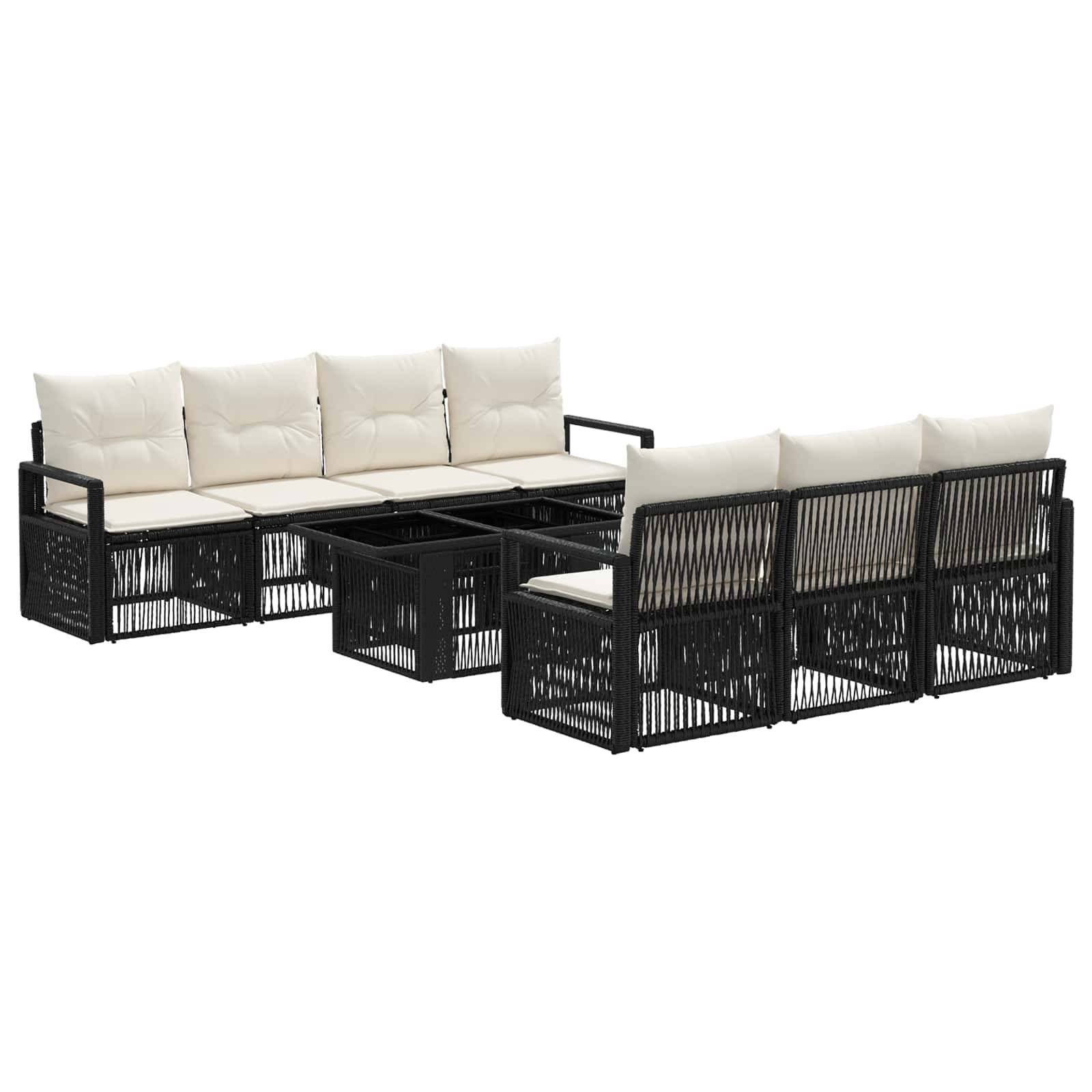 Schwarzes Außen-Ecksofa mit cremefarbenen Kissen und passendem Couchtisch auf weißem Hintergrund, dargestellt in zwei angewinkelten Ansichten.