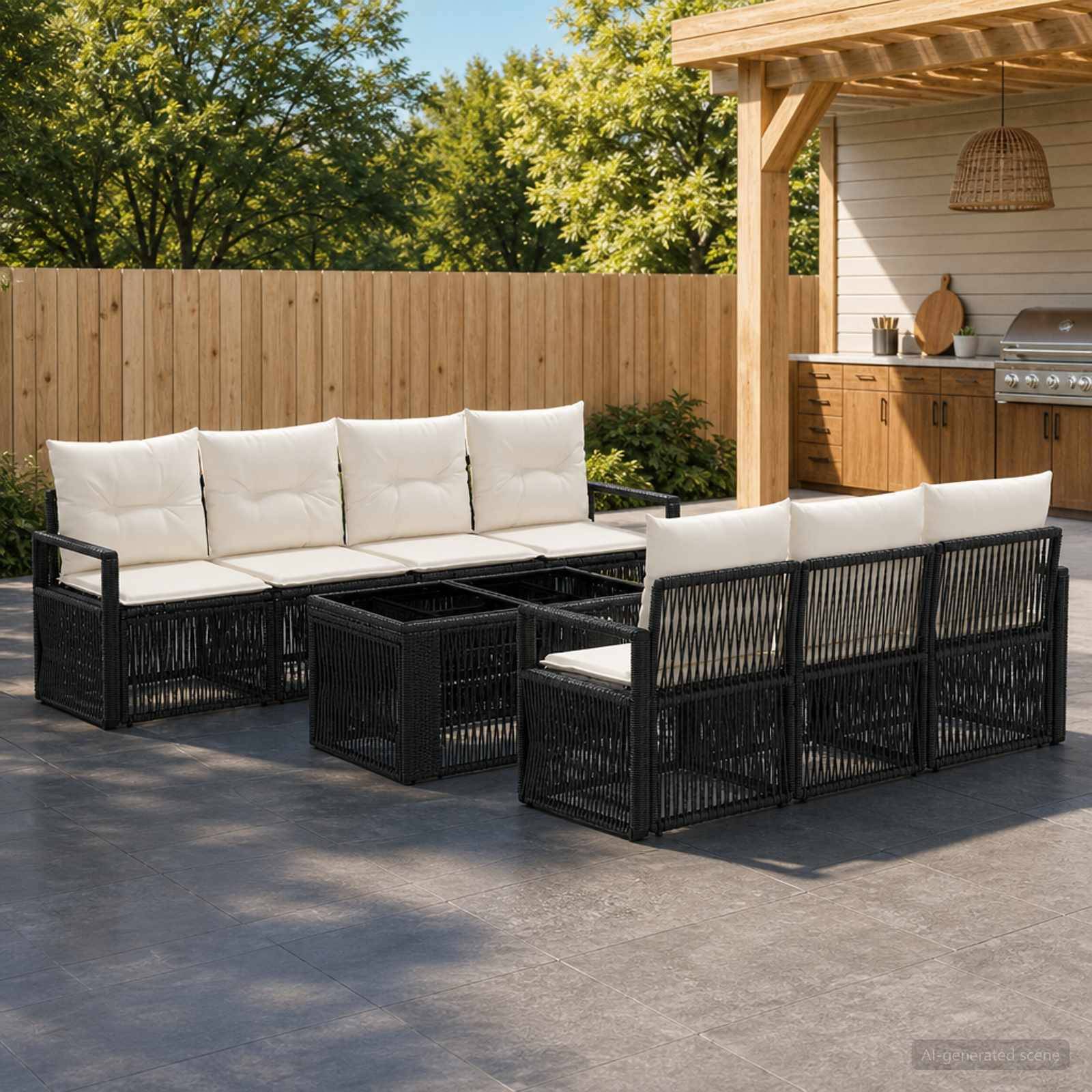Außentetrasse mit schwarzem Rattanecksofa, cremefarbenen Kissen und Couchtischen neben einem Holzzaun und einem überdachten Grillbereich.