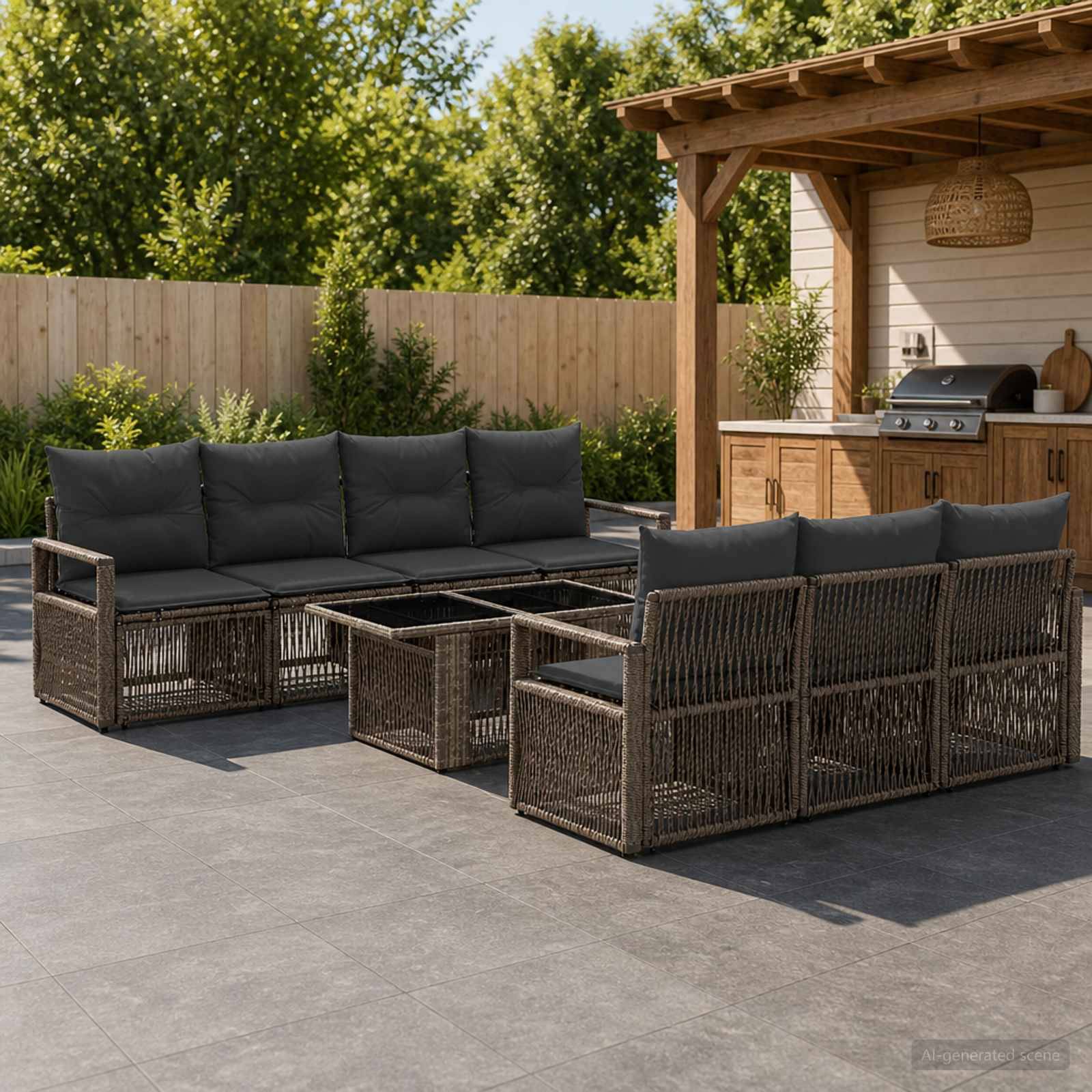 Terrassenmöbel im Freien mit Korb-Eckgarnitur und Couchtischen neben einer überdachten Holzbar und einem Grill in einem umzäunten Hinterhof.