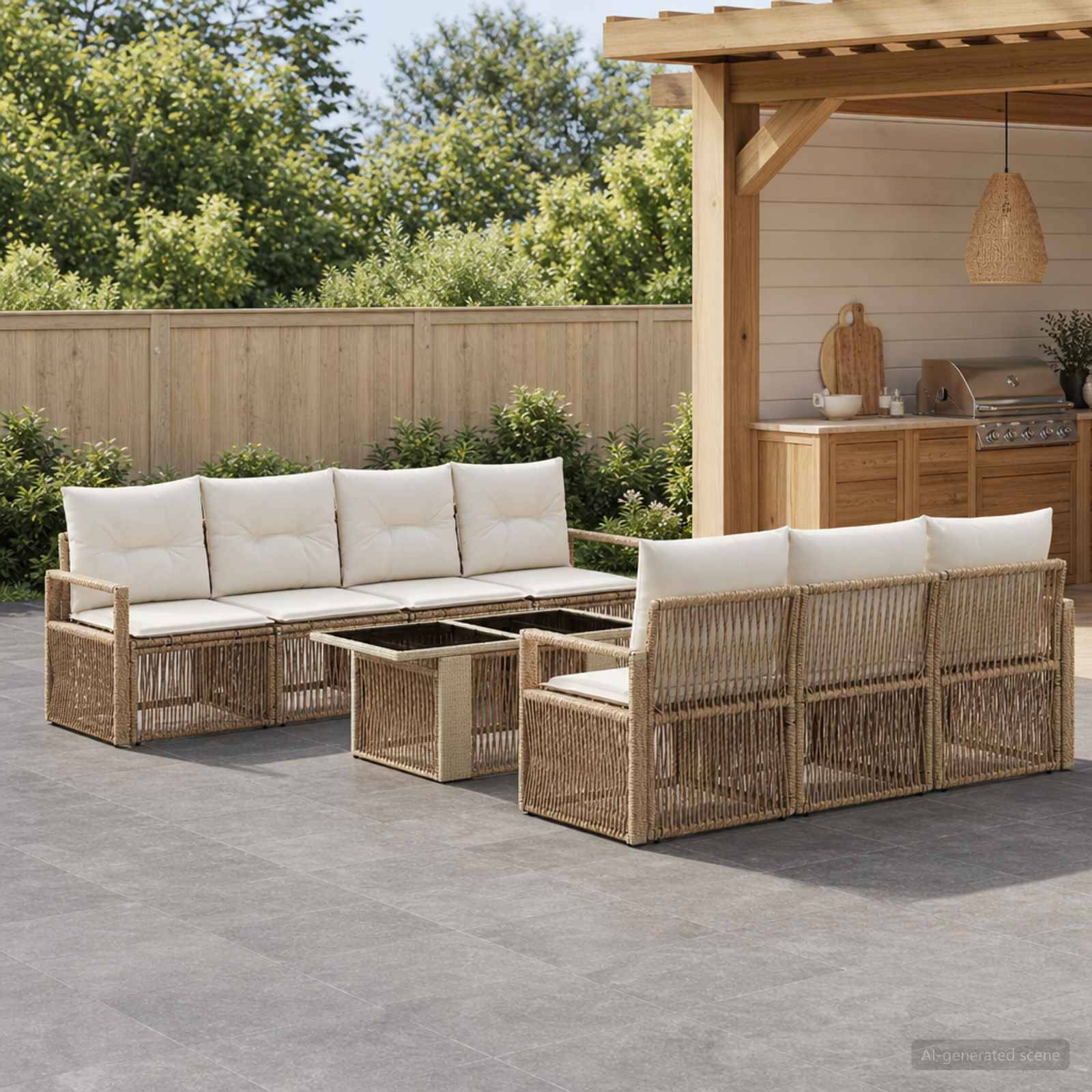 Outdoor-Sitzgarnitur für die Terrasse mit Rattan-Sofas, Couchtischen und cremefarbenen Kissen neben einer Holzpergola-Bar vor einem Gartenzaun.