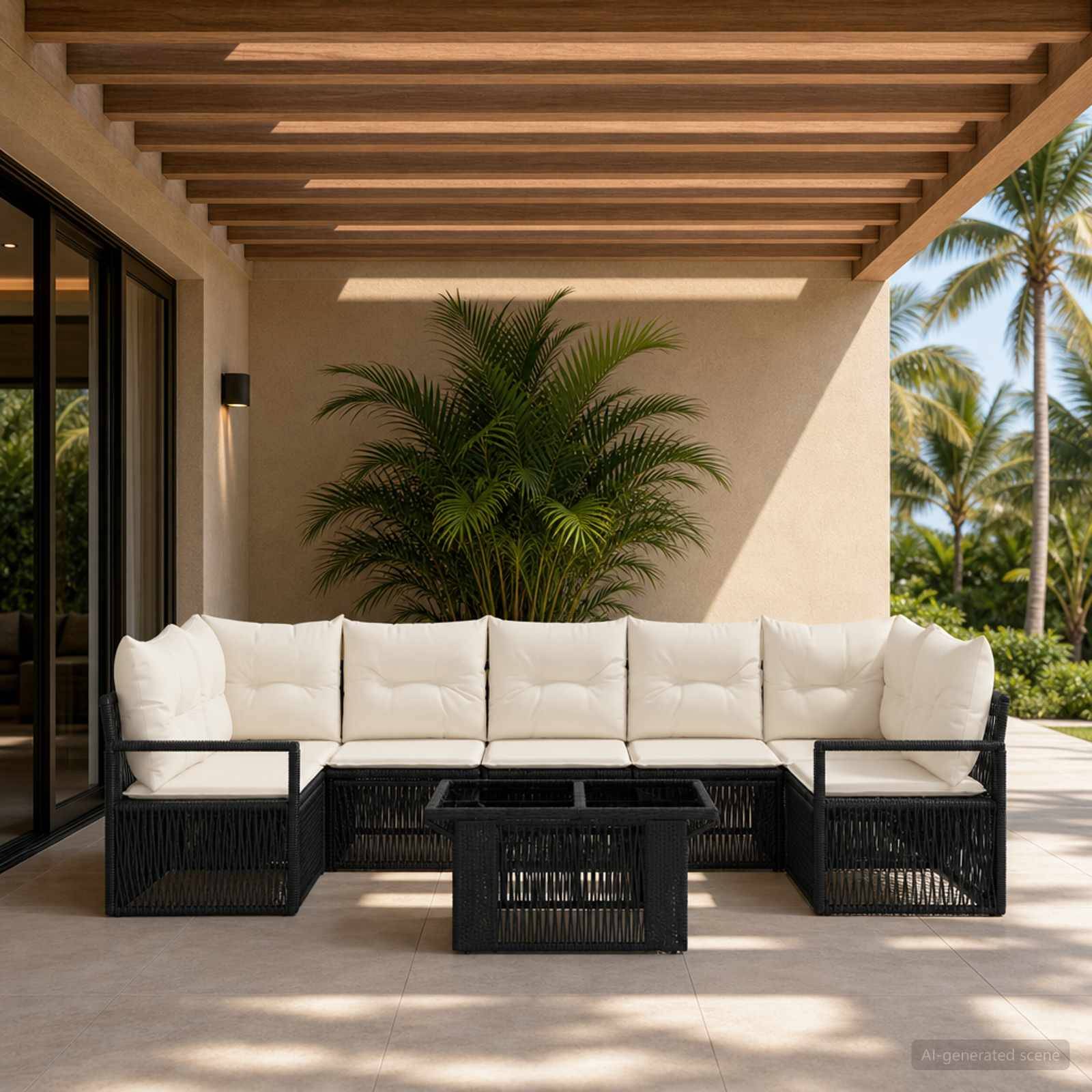 Terrasse im Freien mit weißem Ecksofa, schwarzem Couchtisch und Palmen unter einer Holzpergola neben einer Glasschiebewand.