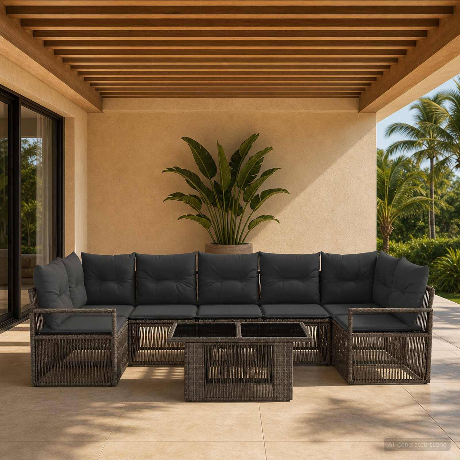 Außenterrasse mit dunklem Rattan-Ecksofa, Couchtisch und getopfter tropischer Pflanze unter einer hölzernen Pergola.