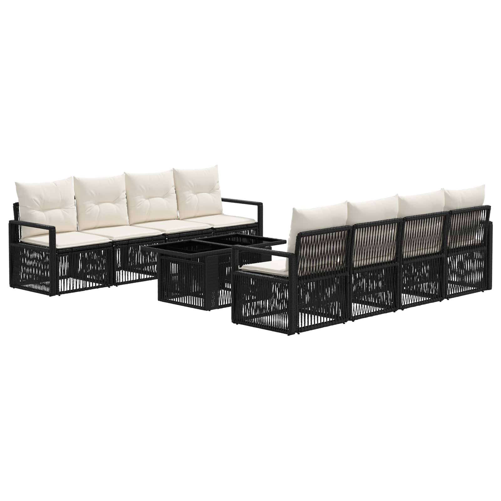 Outdoor-Loungeset mit schwarzen geflochtenen Rahmen, cremefarbenen Kissen und passendem Couchtisch