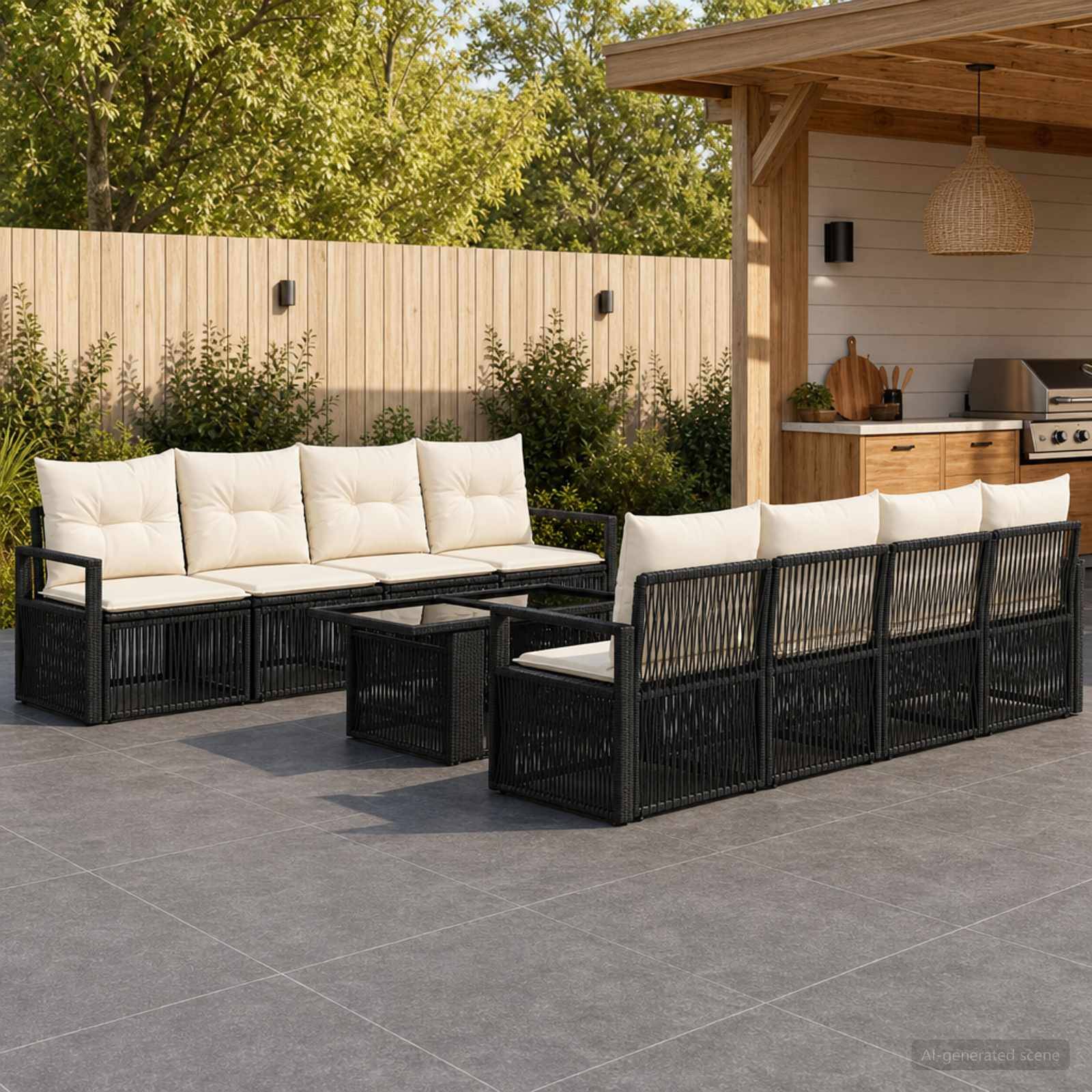 Zwei schwarze Korbmöbel-Außensofas mit cremefarbenen Kissen und einem passenden Couchtisch auf einer gekachelten Terrasse neben einem hölzernen Küchenpavillons und einem Zaun.