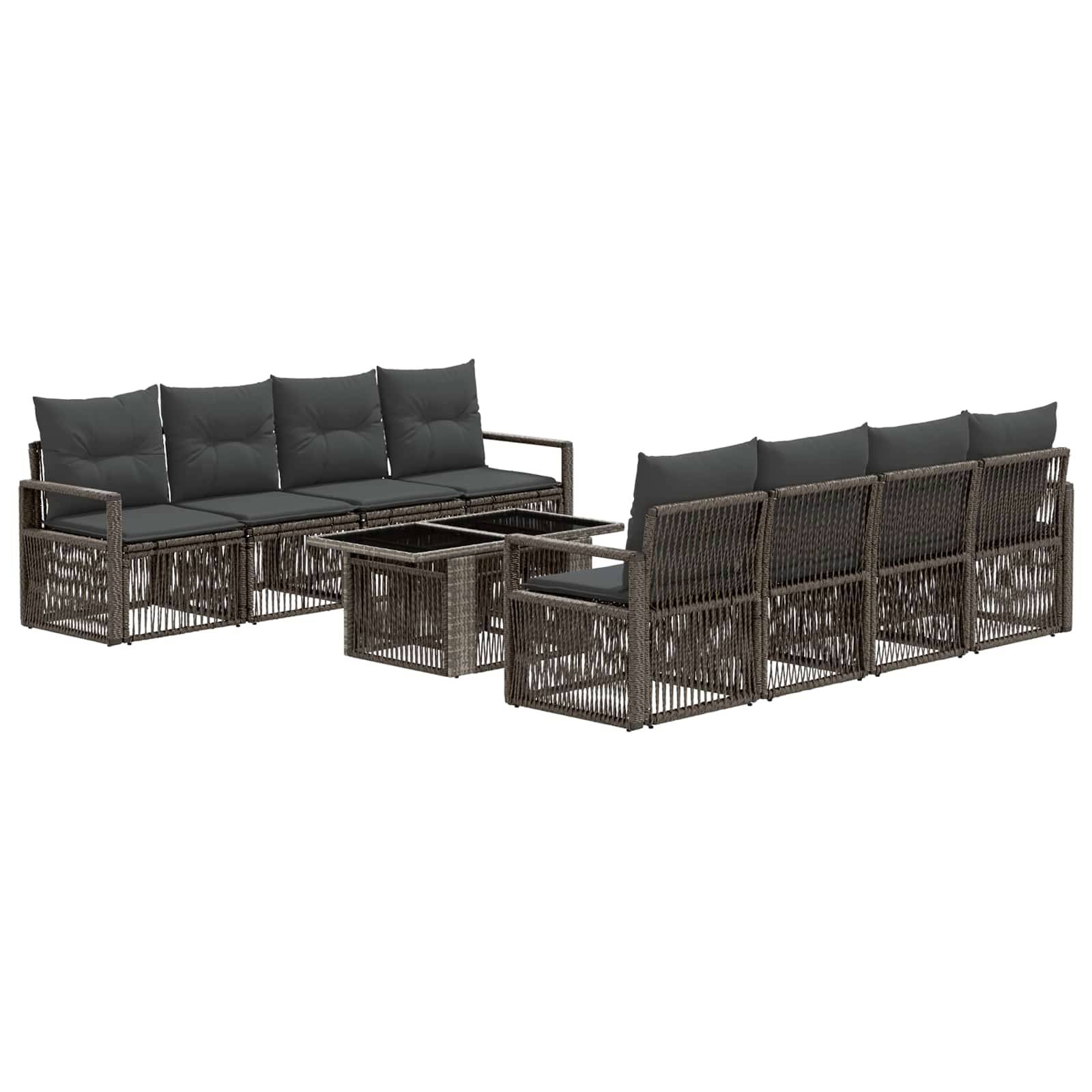 Dreiteiliges Outdoor-Rattanpatio-Sitzmöbel-Set mit zwei dunkel gepolsterten Sofas und passendem Couchtisch, gezeigt auf weißem Hintergrund.