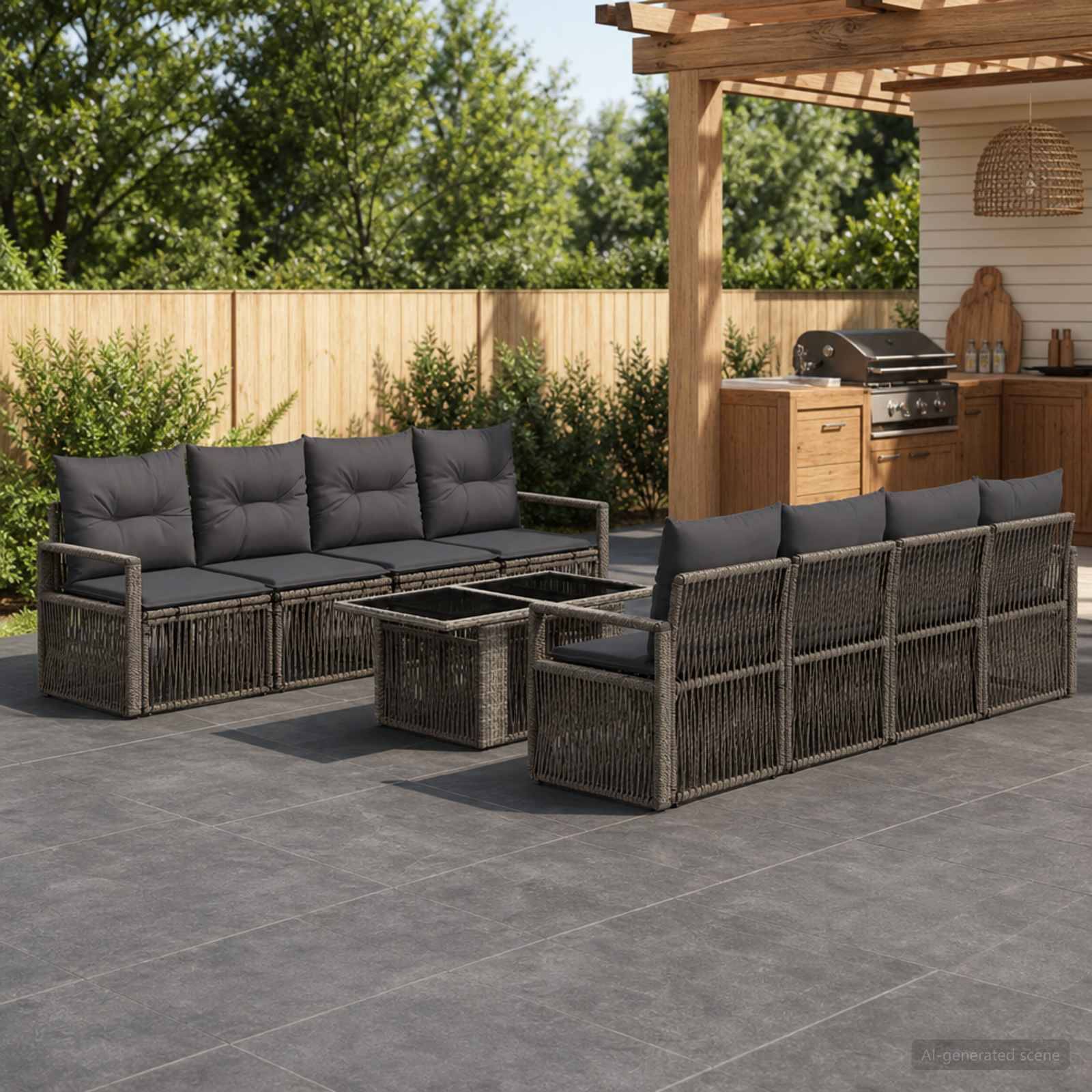 Outdoor-Terrassenbereich mit zwei dunklen Korbsofas, einem quadratischen Couchtisch und einem eingebauten Grill unter einer Holzlaube