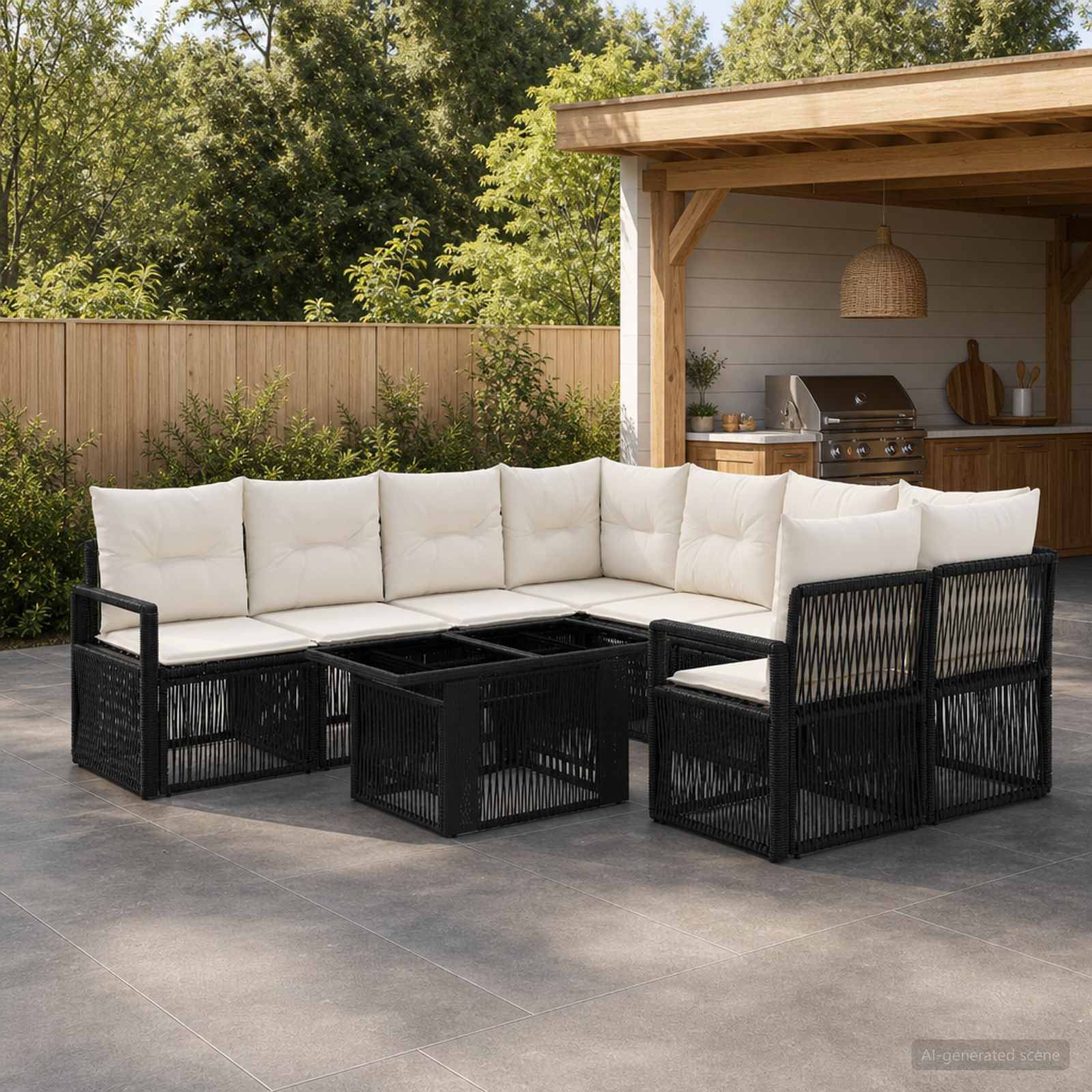 Schwarze geflochtene Outdoor-Eckgarnitur mit cremefarbenen Kissen und passendem Couchtisch auf einer Terrasse neben einer überdachten Gartenbar.