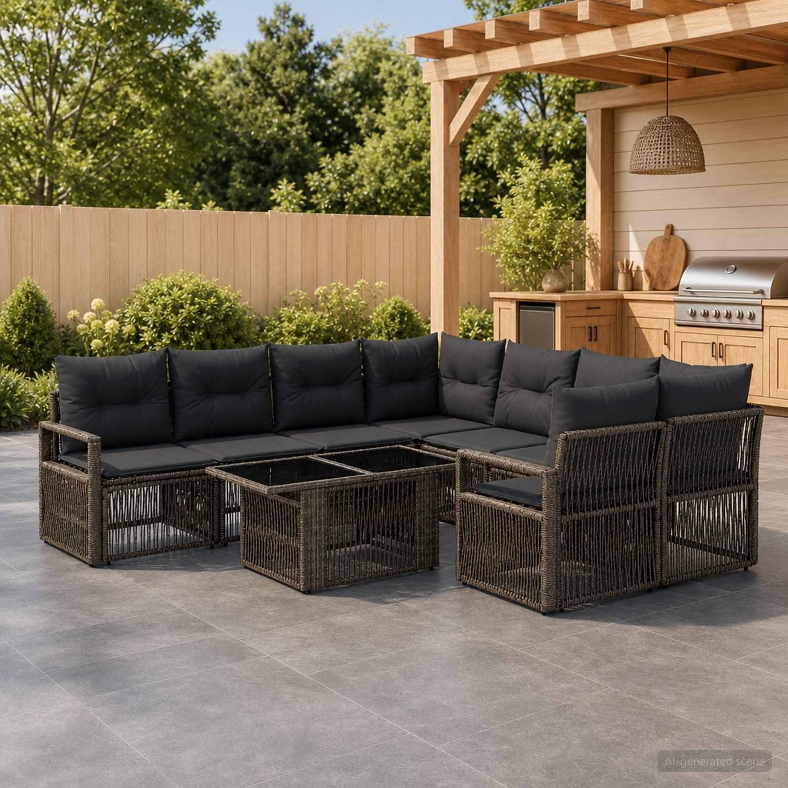 Außenbereich-Sitzgarnitur mit dunkelbraunen Korbgeflecht-Ecksofa und Couchtischen unter einer Pergola neben einem Außengrill