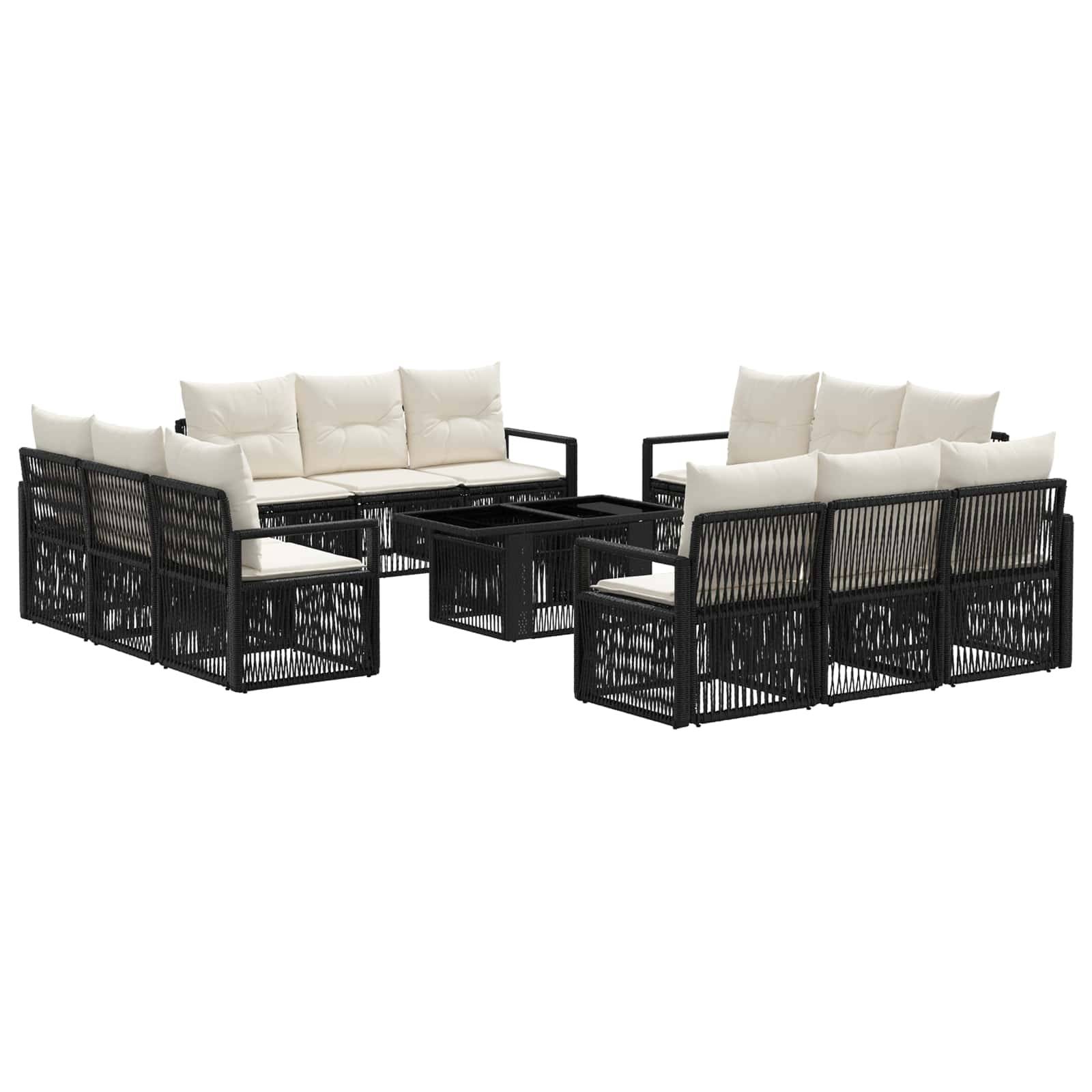 Schwarzes Outdoor-Patio-Ecksofa mit cremefarbenen Kissen und passendem quadratischem Couchtisch