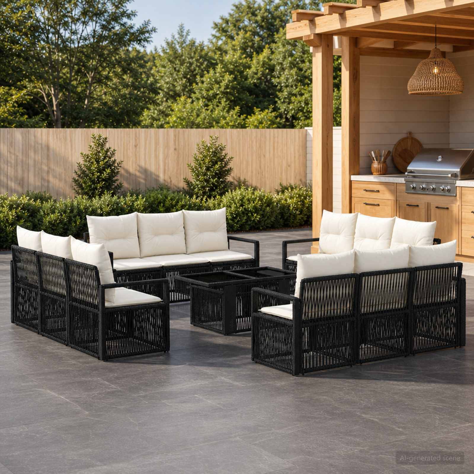 Außenbereich mit Sitzplätzen auf der Terrasse mit vier schwarzen geflochtenen Sofas und cremefarbenen Kissen, die um einen niedrigen Tisch herum angeordnet sind, neben einer überdachten Grillstation und einem Holzzaun.