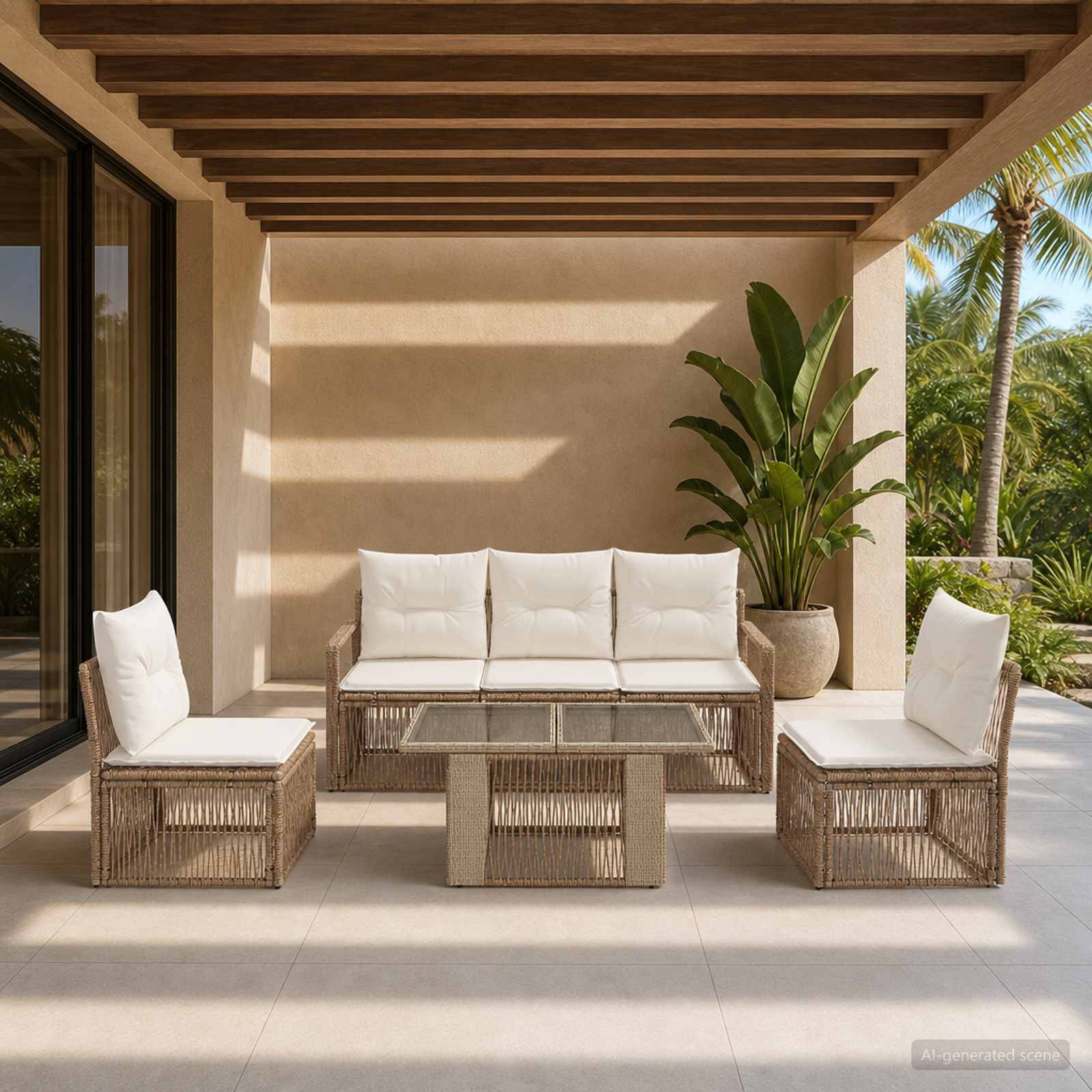 Überdachter Außenbereich mit Terrassenmöbeln aus Rattan, bestehend aus einem Rattan-Sofa, zwei Sesseln, einem Couchtisch und einer Topfpflanze mit tropischen Blättern unter einer Lamellenpergola.