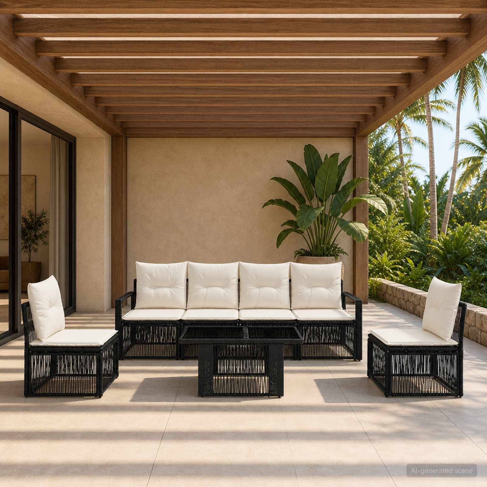 Außenbereich mit Sitzgelegenheiten auf der Terrasse mit schwarz geflochtenem Mobiliar und weißen Kissen unter einer hölzernen Pergola, neben tropischen Pflanzen und Palmen.