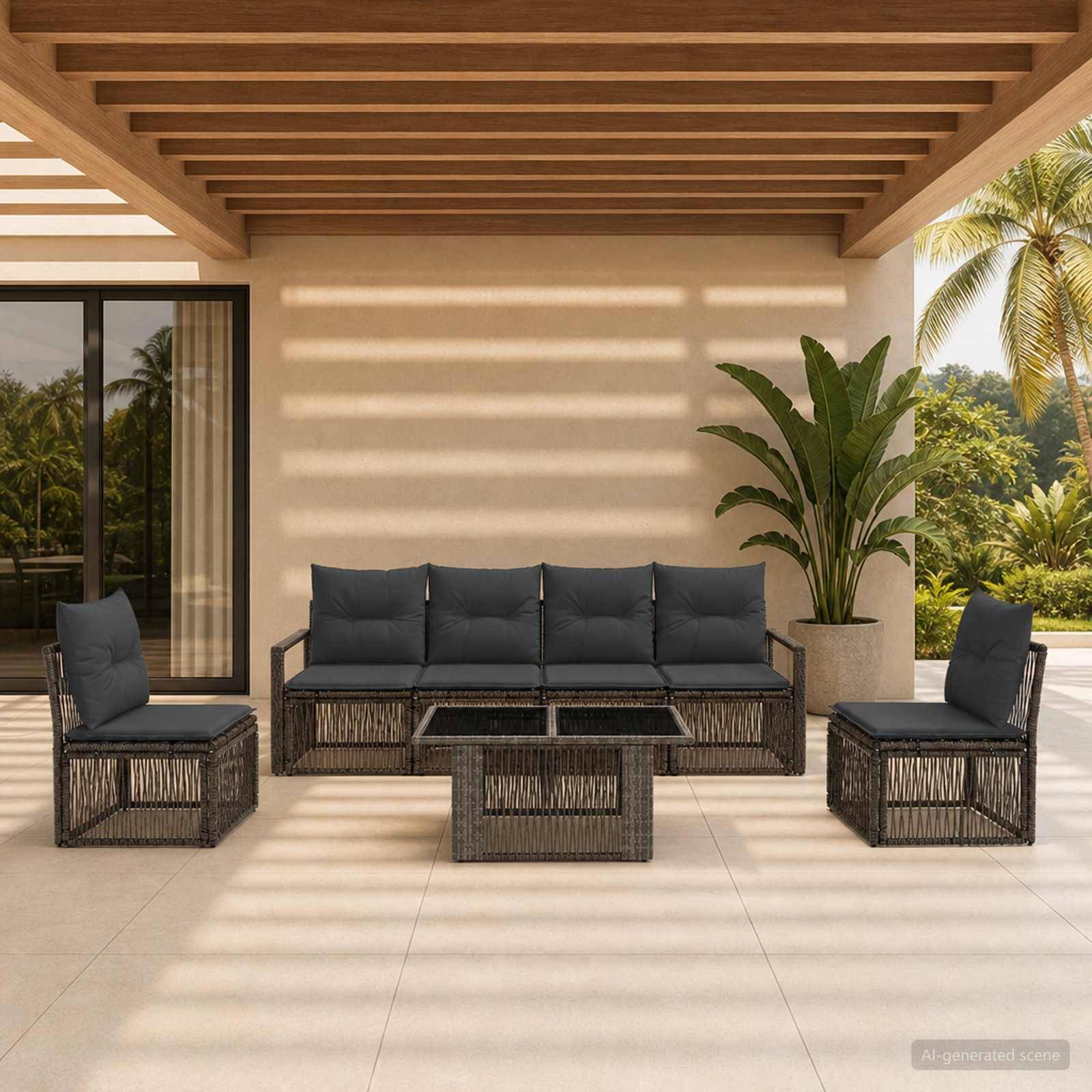 Gartenmöbelset für die Terrasse mit Sofa, zwei Sesseln und Couchtisch unter einer Lamellenpergola, mit Topfpflanze und tropischer Aussicht.