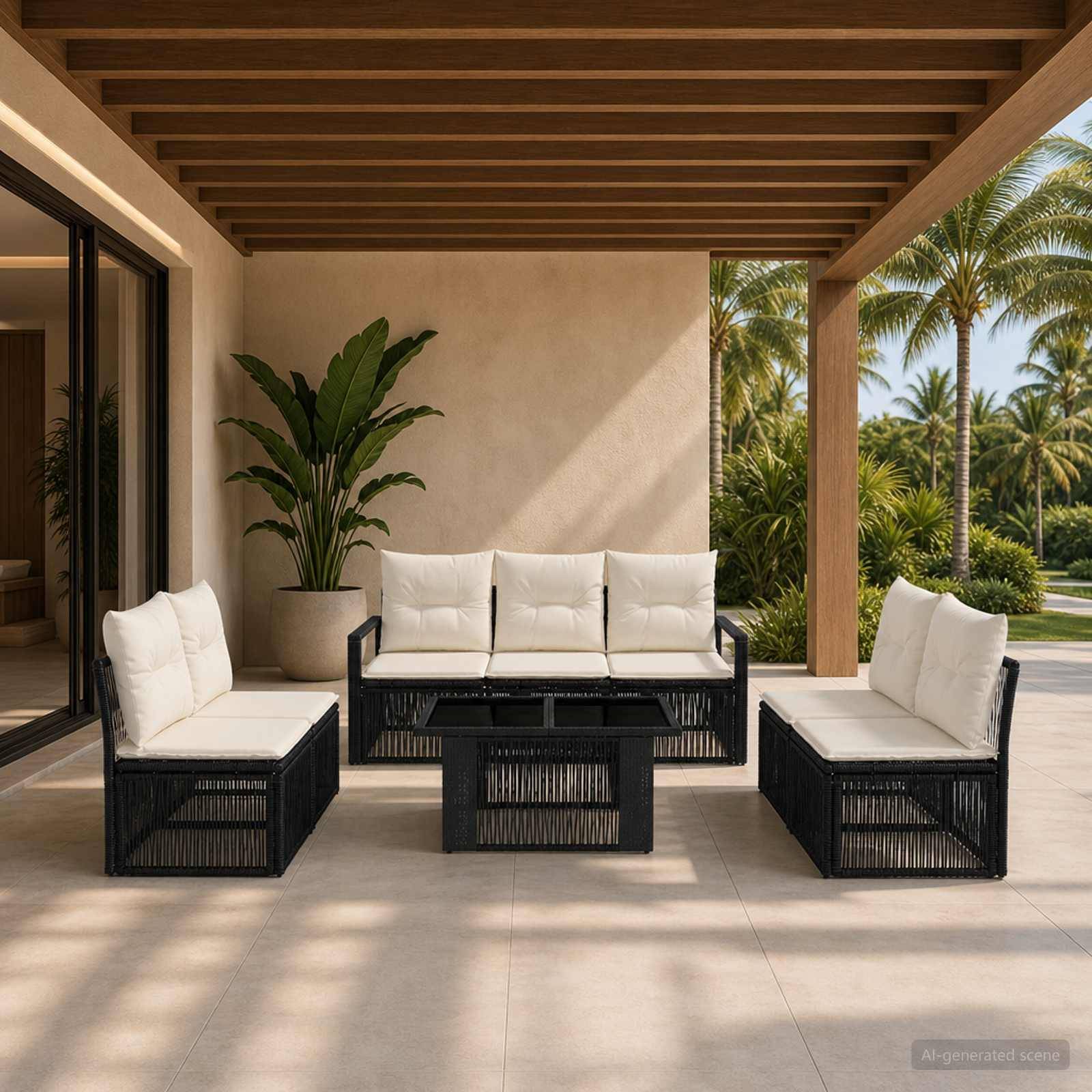 Außenbereich einer Terrasse mit weiß gepolsterten schwarzen Rattanmöbeln und Stühlen unter einer hölzernen Pergola, neben tropischer Palmenlandschaftsgestaltung.