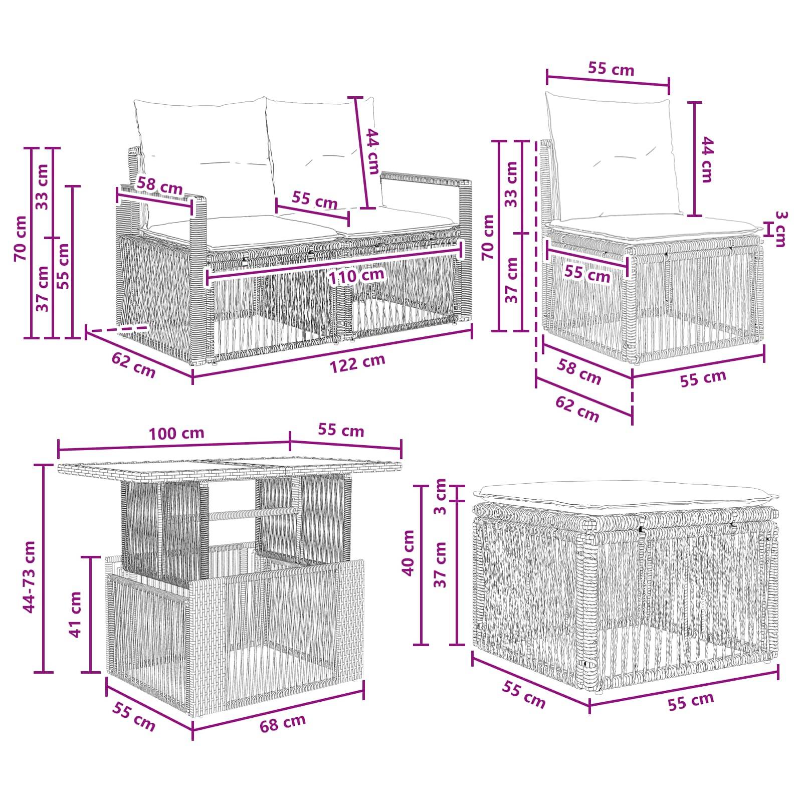 Maßstabgetreue Zeichnung von vier Korbmöbeln für den Außenbereich, die Stühle und einen Tisch mit Abmessungen in Zentimetern für Breite, Tiefe und Höhe zeigen.