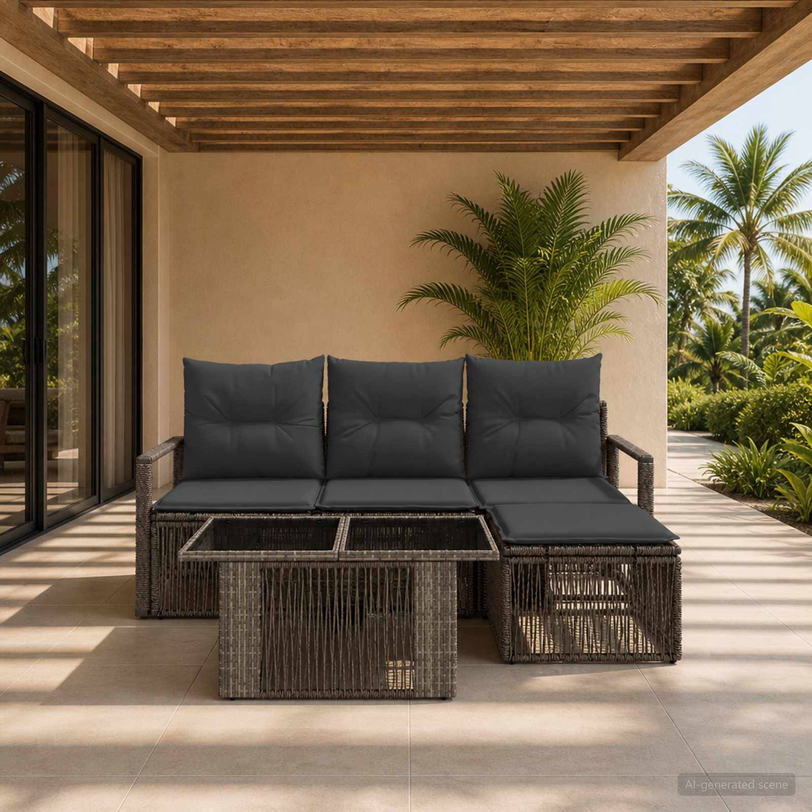 Outdoor-Loungebereich mit dunklem Polyrattan-Ecksofa, Glastisch und tropischer Bepflanzung unter einer Holzpergola.