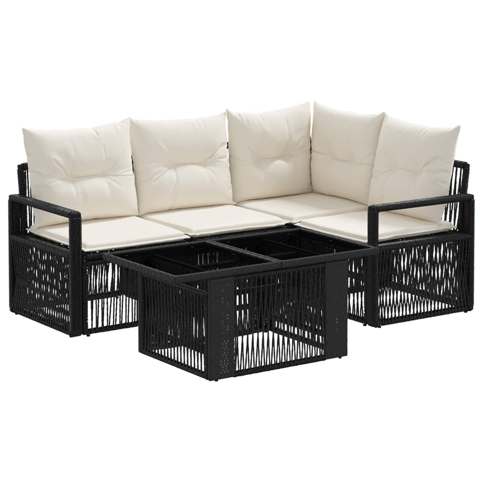 Schwarze Rattan-Außenbereichs-Ecksofas mit cremefarbenen Kissen und integriertem zentralem Couchtisch auf weißem Hintergrund