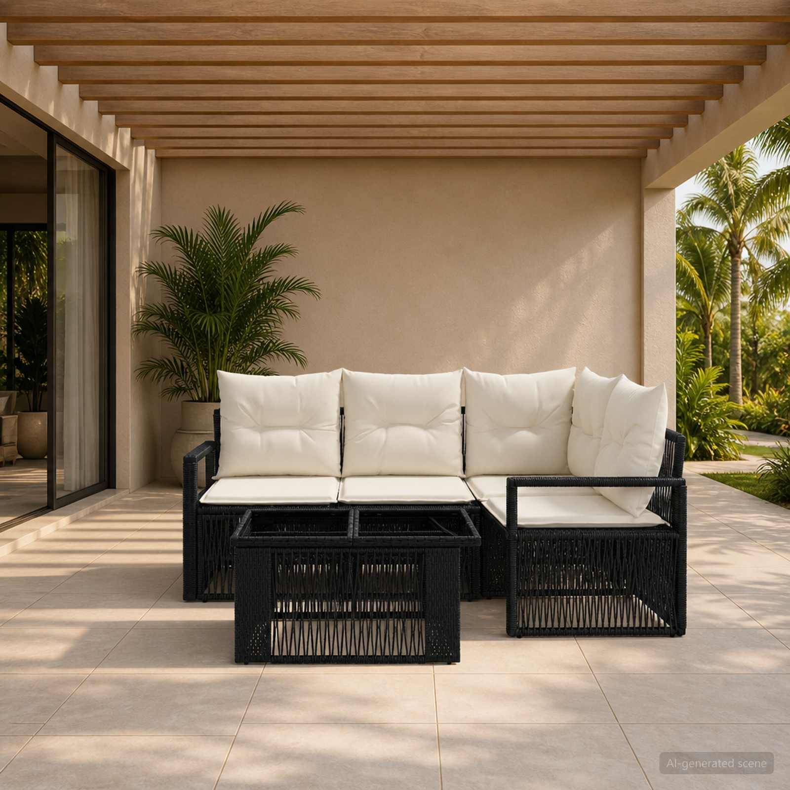 Außenbereich der Terrasse mit einem schwarzen Polyrattan-Sofa, weißen Kissen und passendem Couchtisch unter einer Lamellenpergola, umgeben von tropischen Pflanzen.