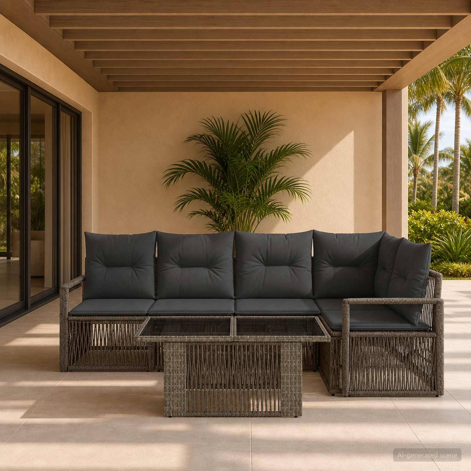 Außenbereich einer Terrasse mit dunkelm gewebtem Sectional-Sofa und Glaskaffeetisch unter einer überdachten Pergola, umrahmt von tropischen Pflanzen.