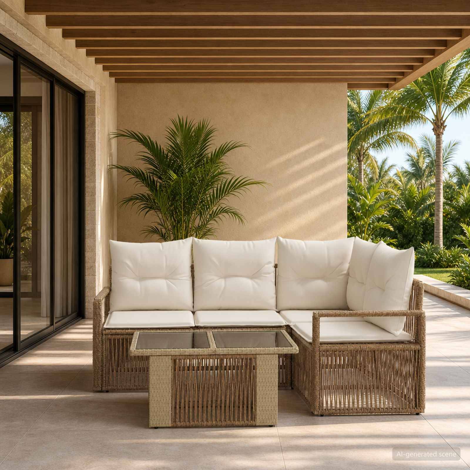 Außenbereich mit Terrassensitzgruppe, bestehend aus einem Rattan-Ecksofa, einem Glastisch und Blick auf tropische Palmen unter einer beschatteten Pergola.