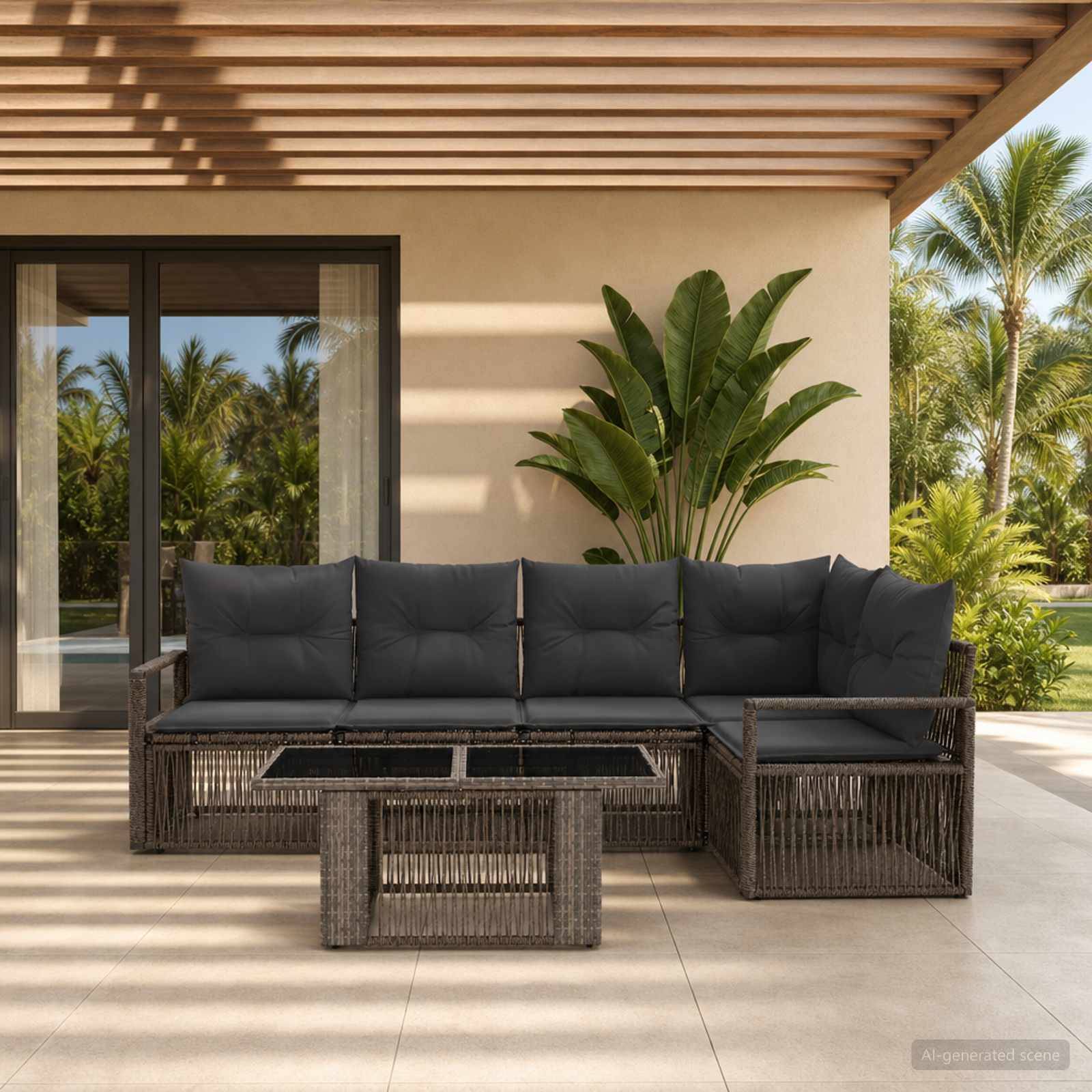 Outdoor-Terrasse mit dunkelm gewebtem Ecksofa, passendem Couchtisch und großem Topfpflanze neben Schiebeglastüren und tropischen Palmen.