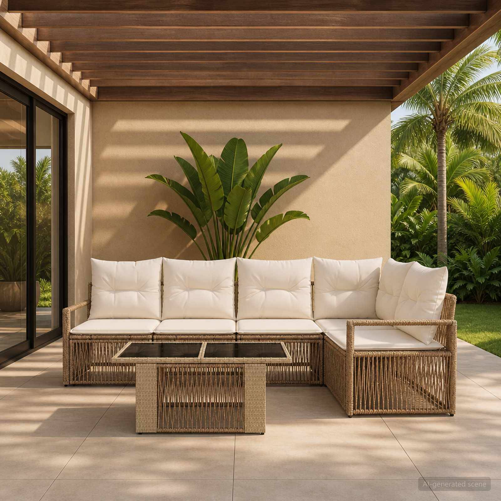 Außenterrasse mit Polster-Lounge-Set aus Rattan, weißen Kissen und Glascouchtisch unter einer Holzpergola, mit tropischen Pflanzen und Rasen dahinter.